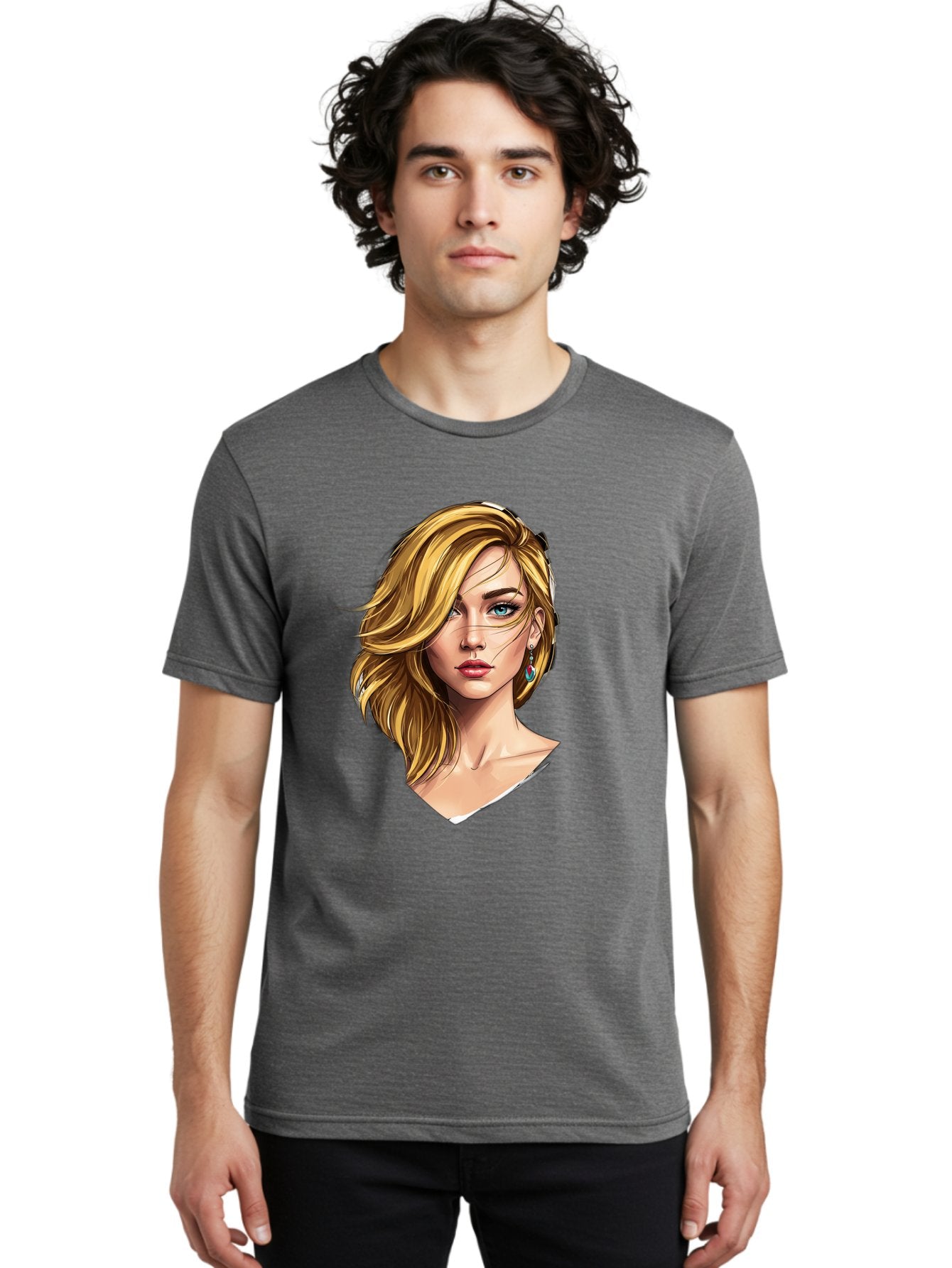 Blonde-Woman-Portrait-1 Men'S Graphic Tee, 100% Cotton, Comfortable Casual Summer Wear, Machine Washable, Blonde Woman, Blue Eyes, Red Lips, Earrings, Portrait Illustration, Digital Art, Fashion Model, Beauty, Glamour, Stylish Hair, Bac638 20