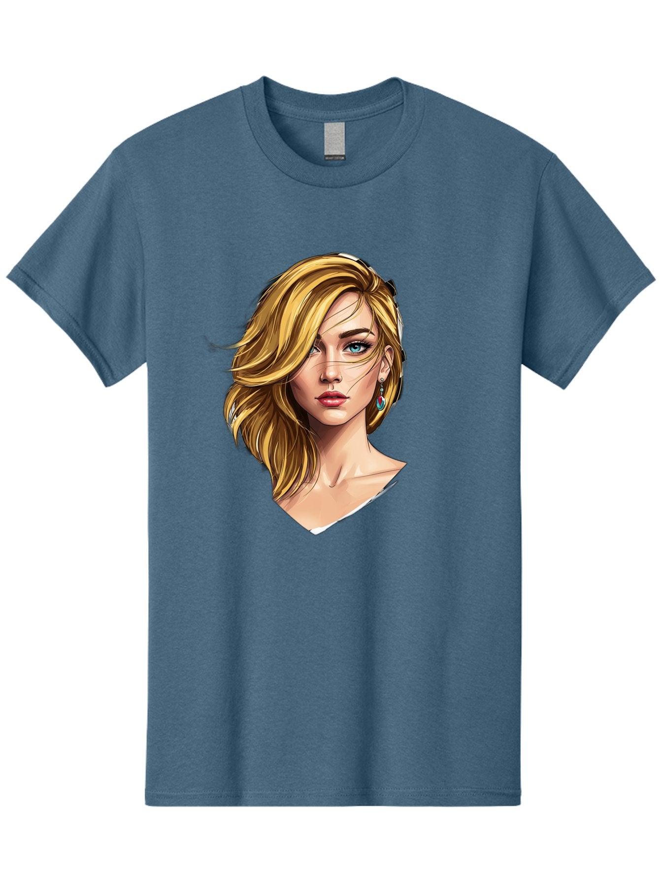 Blonde-Woman-Portrait-1 Men'S Graphic Tee, 100% Cotton, Comfortable Casual Summer Wear, Machine Washable, Blonde Woman, Blue Eyes, Red Lips, Earrings, Portrait Illustration, Digital Art, Fashion Model, Beauty, Glamour, Stylish Hair, Bac638