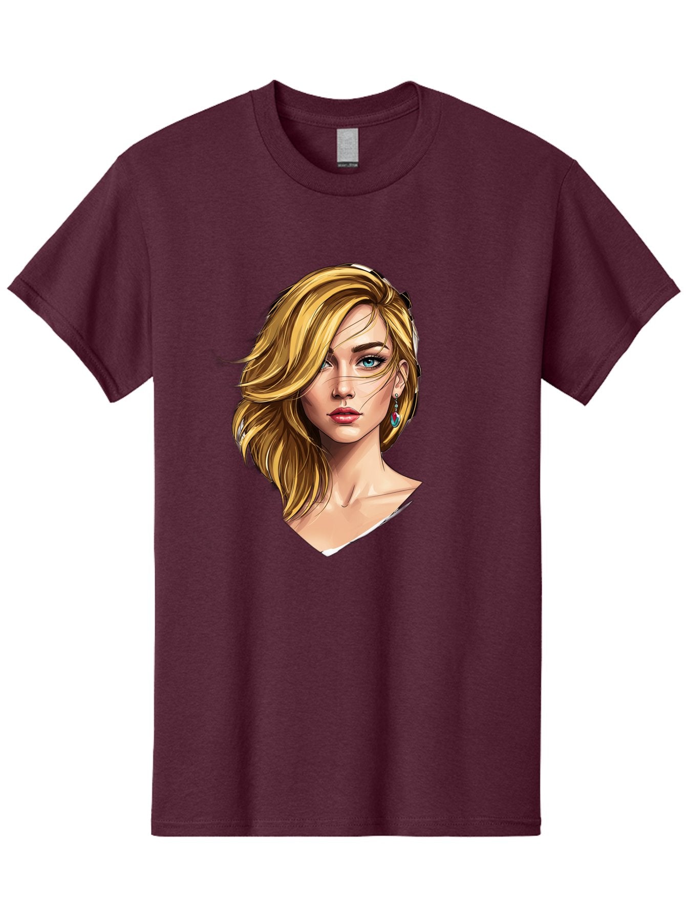 Blonde-Woman-Portrait-1 Men'S Graphic Tee, 100% Cotton, Comfortable Casual Summer Wear, Machine Washable, Blonde Woman, Blue Eyes, Red Lips, Earrings, Portrait Illustration, Digital Art, Fashion Model, Beauty, Glamour, Stylish Hair, Bac638 5