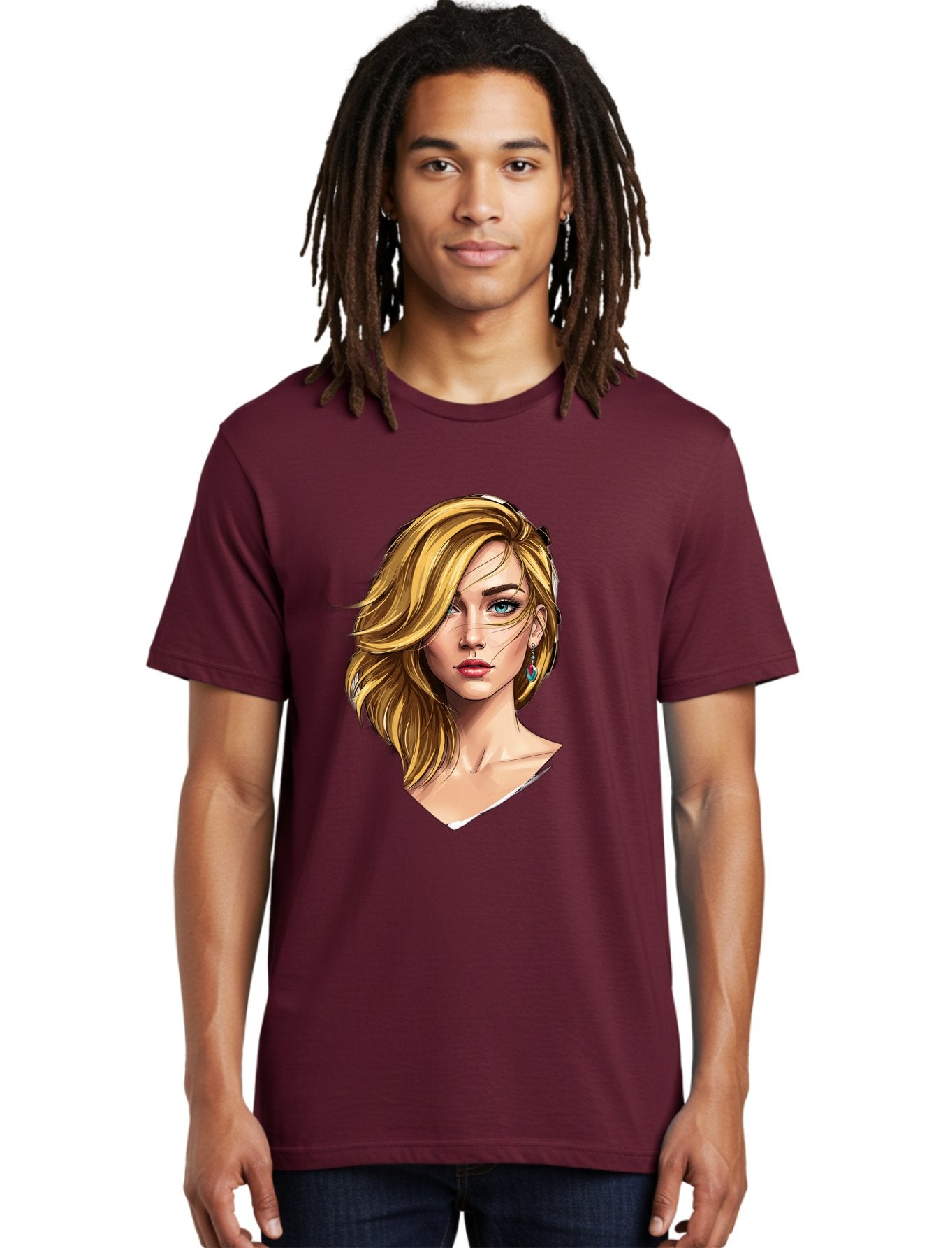 Blonde-Woman-Portrait-1 Men'S Graphic Tee, 100% Cotton, Comfortable Casual Summer Wear, Machine Washable, Blonde Woman, Blue Eyes, Red Lips, Earrings, Portrait Illustration, Digital Art, Fashion Model, Beauty, Glamour, Stylish Hair, Bac638 23