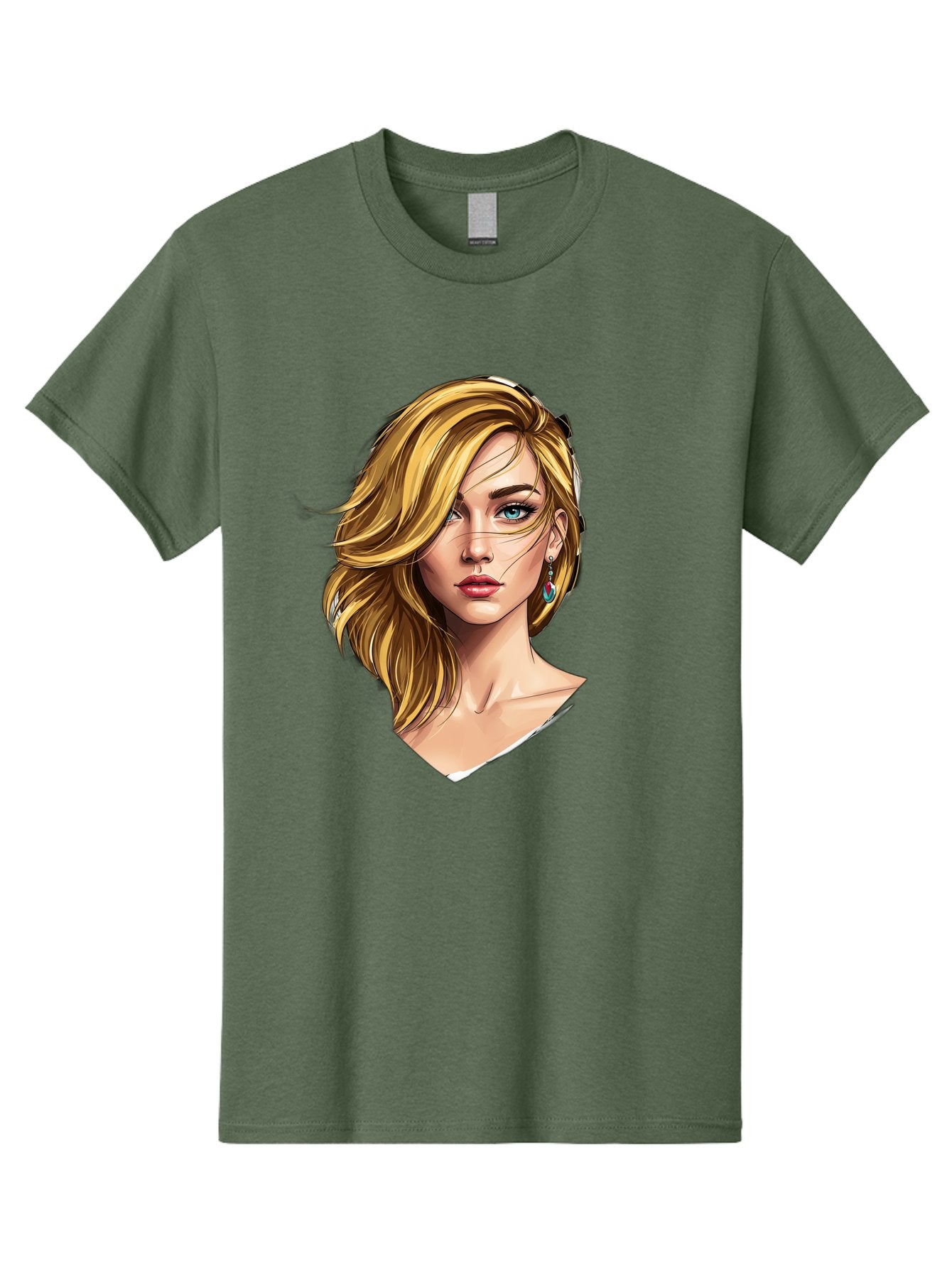 Blonde-Woman-Portrait-1 Men'S Graphic Tee, 100% Cotton, Comfortable Casual Summer Wear, Machine Washable, Blonde Woman, Blue Eyes, Red Lips, Earrings, Portrait Illustration, Digital Art, Fashion Model, Beauty, Glamour, Stylish Hair, Bac638 8