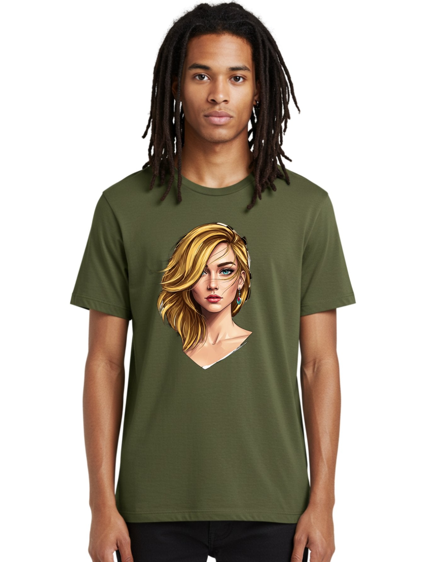Blonde-Woman-Portrait-1 Men'S Graphic Tee, 100% Cotton, Comfortable Casual Summer Wear, Machine Washable, Blonde Woman, Blue Eyes, Red Lips, Earrings, Portrait Illustration, Digital Art, Fashion Model, Beauty, Glamour, Stylish Hair, Bac638 25