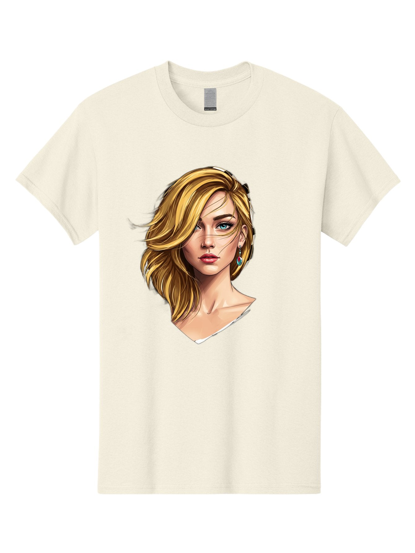 Blonde-Woman-Portrait-1 Men'S Graphic Tee, 100% Cotton, Comfortable Casual Summer Wear, Machine Washable, Blonde Woman, Blue Eyes, Red Lips, Earrings, Portrait Illustration, Digital Art, Fashion Model, Beauty, Glamour, Stylish Hair, Bac638 11
