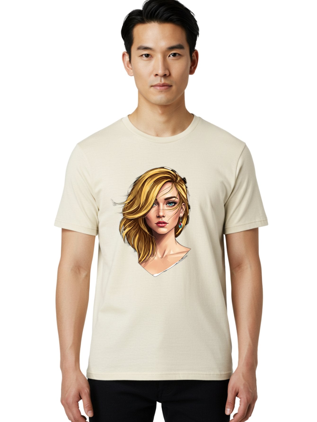 Blonde-Woman-Portrait-1 Men'S Graphic Tee, 100% Cotton, Comfortable Casual Summer Wear, Machine Washable, Blonde Woman, Blue Eyes, Red Lips, Earrings, Portrait Illustration, Digital Art, Fashion Model, Beauty, Glamour, Stylish Hair, Bac638 27