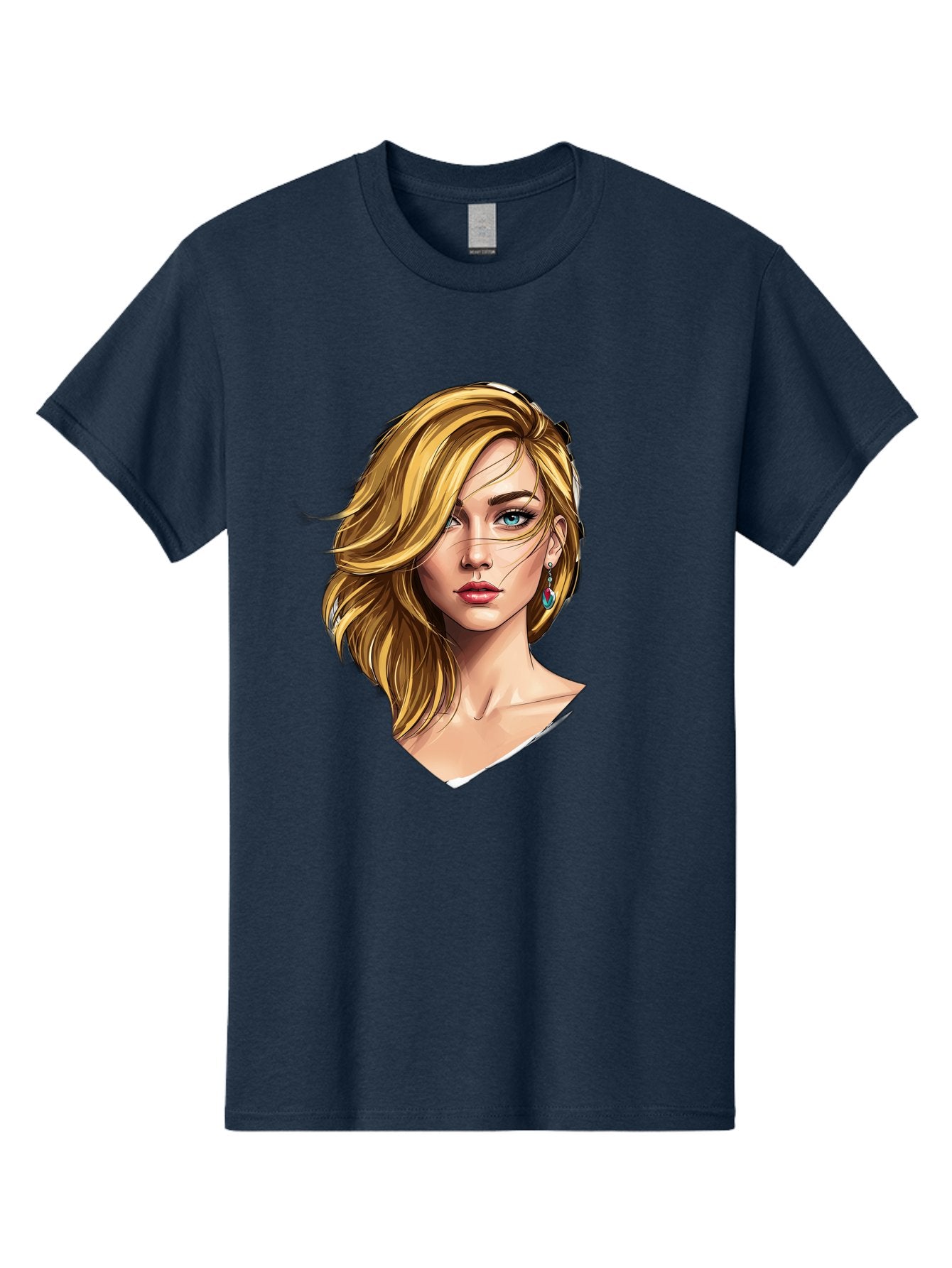 Blonde-Woman-Portrait-1 Men'S Graphic Tee, 100% Cotton, Comfortable Casual Summer Wear, Machine Washable, Blonde Woman, Blue Eyes, Red Lips, Earrings, Portrait Illustration, Digital Art, Fashion Model, Beauty, Glamour, Stylish Hair, Bac638 6