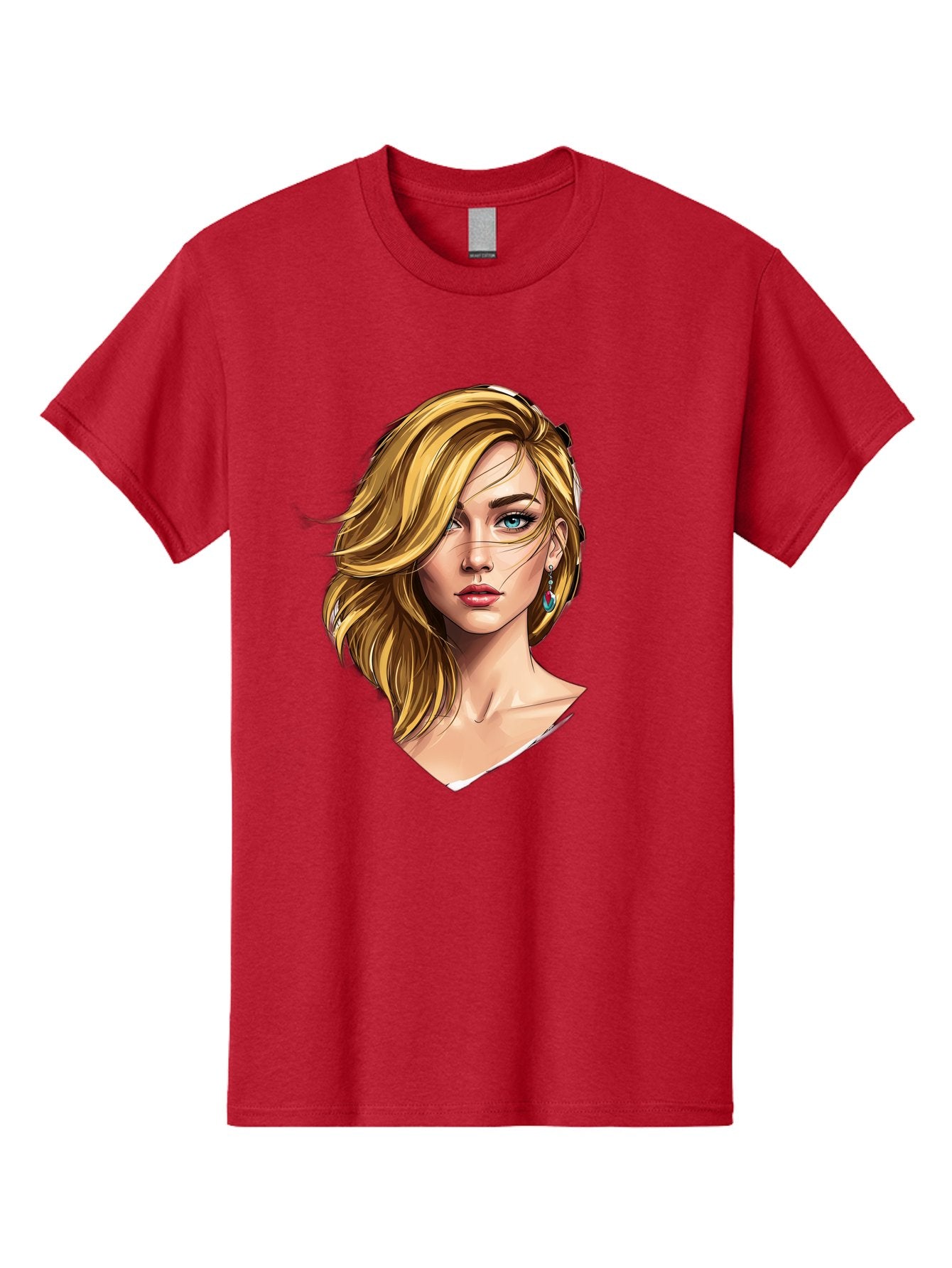 Blonde-Woman-Portrait-1 Men'S Graphic Tee, 100% Cotton, Comfortable Casual Summer Wear, Machine Washable, Blonde Woman, Blue Eyes, Red Lips, Earrings, Portrait Illustration, Digital Art, Fashion Model, Beauty, Glamour, Stylish Hair, Bac638 15