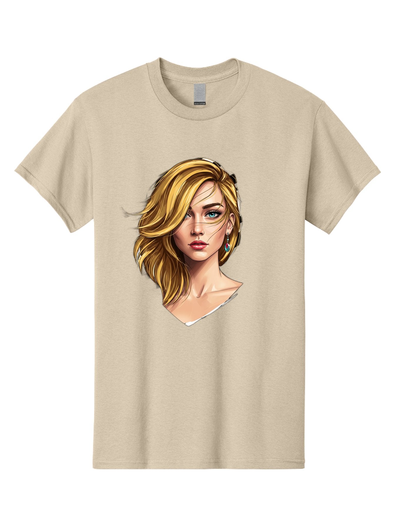 Blonde-Woman-Portrait-1 Men'S Graphic Tee, 100% Cotton, Comfortable Casual Summer Wear, Machine Washable, Blonde Woman, Blue Eyes, Red Lips, Earrings, Portrait Illustration, Digital Art, Fashion Model, Beauty, Glamour, Stylish Hair, Bac638 7