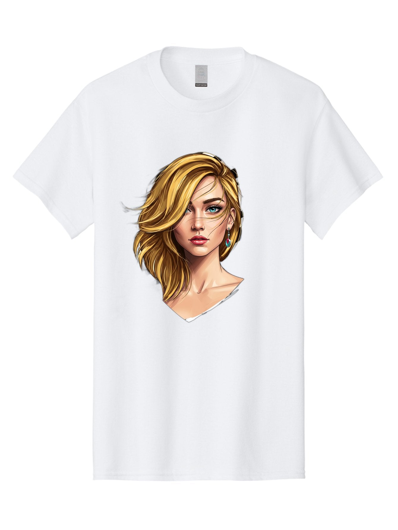 Blonde-Woman-Portrait-1 Men'S Graphic Tee, 100% Cotton, Comfortable Casual Summer Wear, Machine Washable, Blonde Woman, Blue Eyes, Red Lips, Earrings, Portrait Illustration, Digital Art, Fashion Model, Beauty, Glamour, Stylish Hair, Bac638 10