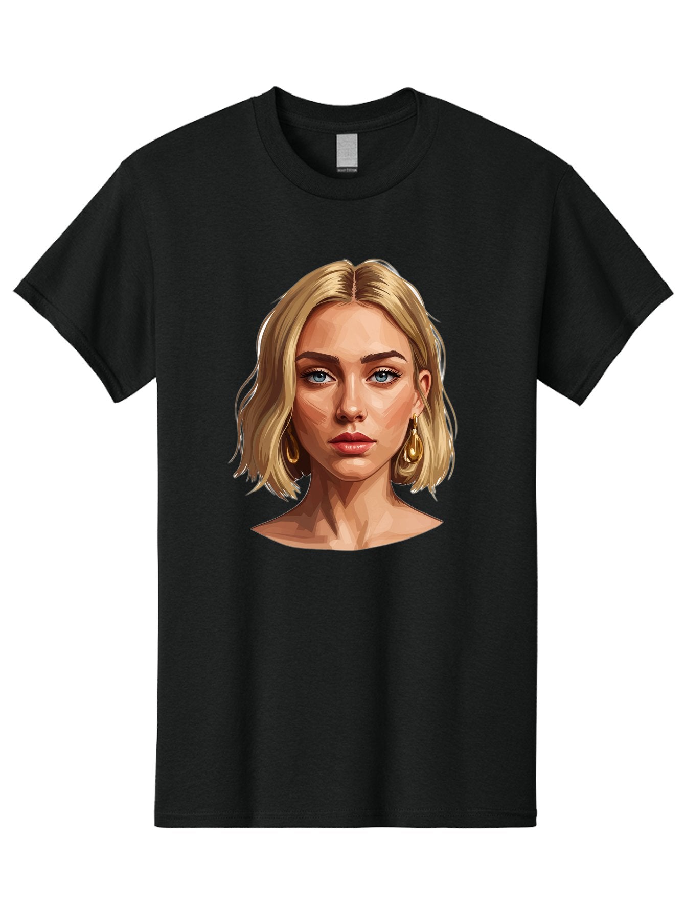 Blonde-Woman-Portrait-2 Men'S Graphic Tee, 100% Cotton, Comfortable Casual Summer Wear, Machine Washable, Blonde Woman, Blue Eyes, Gold Earrings, Digital Illustration, Portrait, Beauty, Fashion, Modern Style, Chic Look Bac639 8