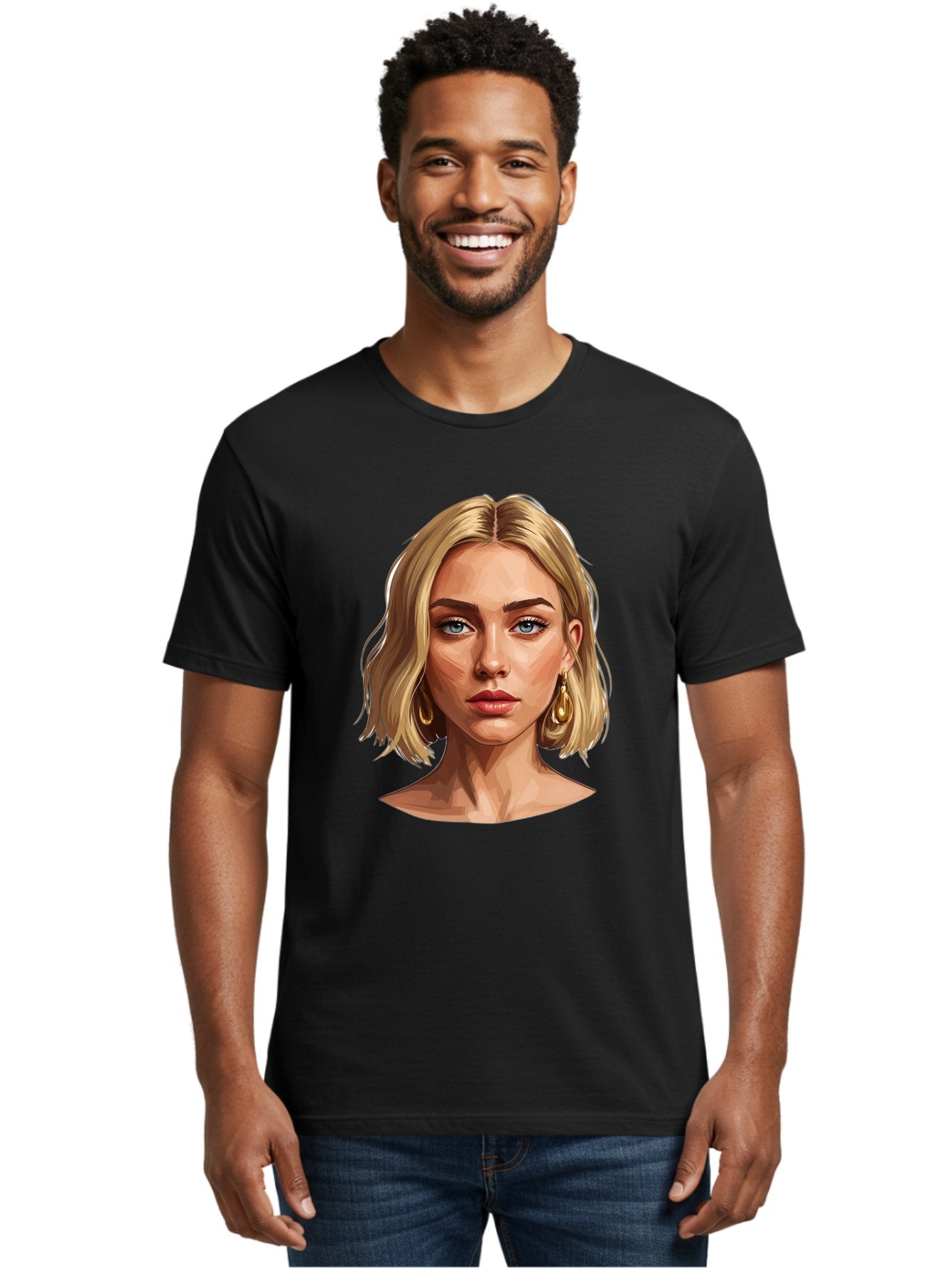 Blonde-Woman-Portrait-2 Men'S Graphic Tee, 100% Cotton, Comfortable Casual Summer Wear, Machine Washable, Blonde Woman, Blue Eyes, Gold Earrings, Digital Illustration, Portrait, Beauty, Fashion, Modern Style, Chic Look Bac639 25
