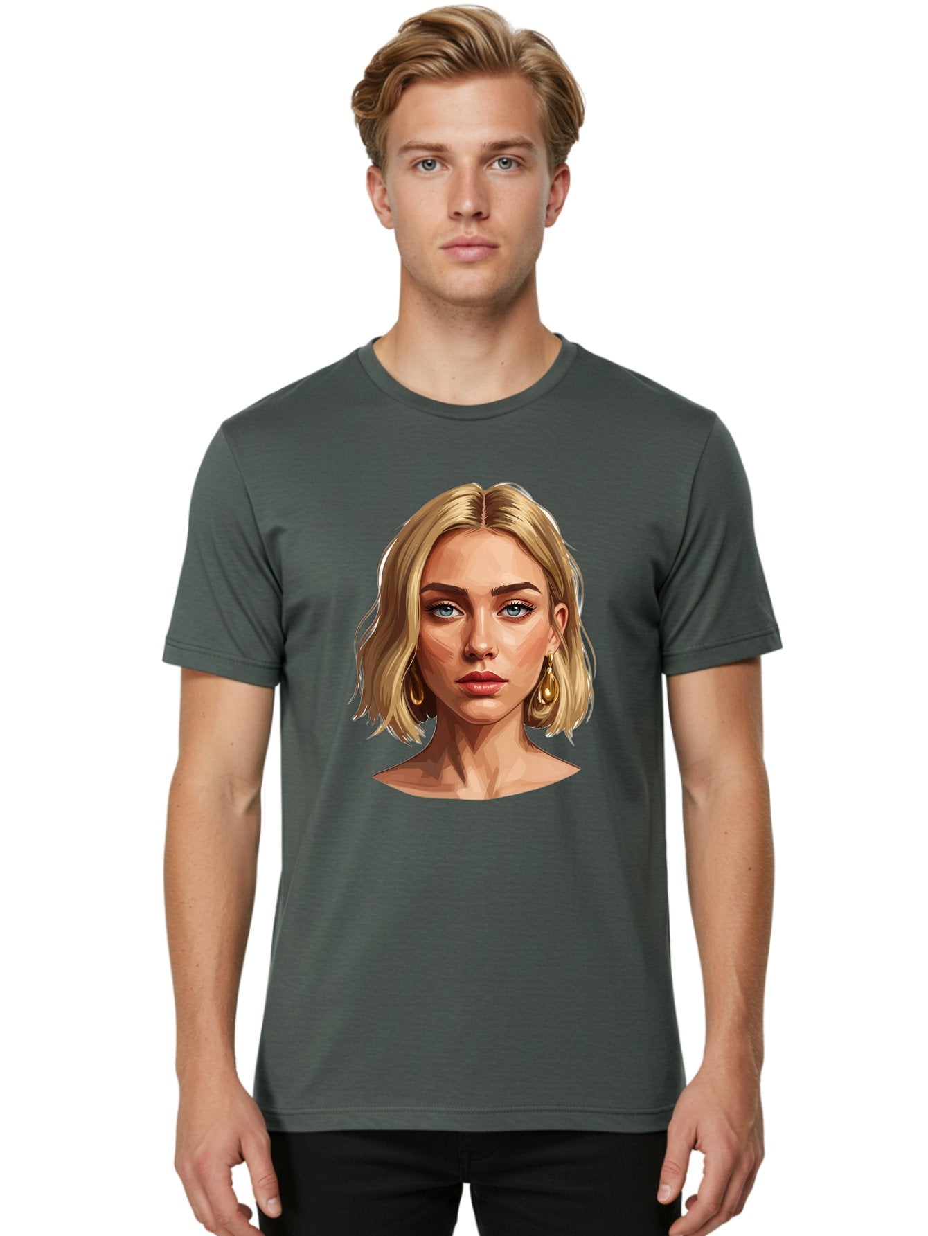 Blonde-Woman-Portrait-2 Men'S Graphic Tee, 100% Cotton, Comfortable Casual Summer Wear, Machine Washable, Blonde Woman, Blue Eyes, Gold Earrings, Digital Illustration, Portrait, Beauty, Fashion, Modern Style, Chic Look Bac639 20