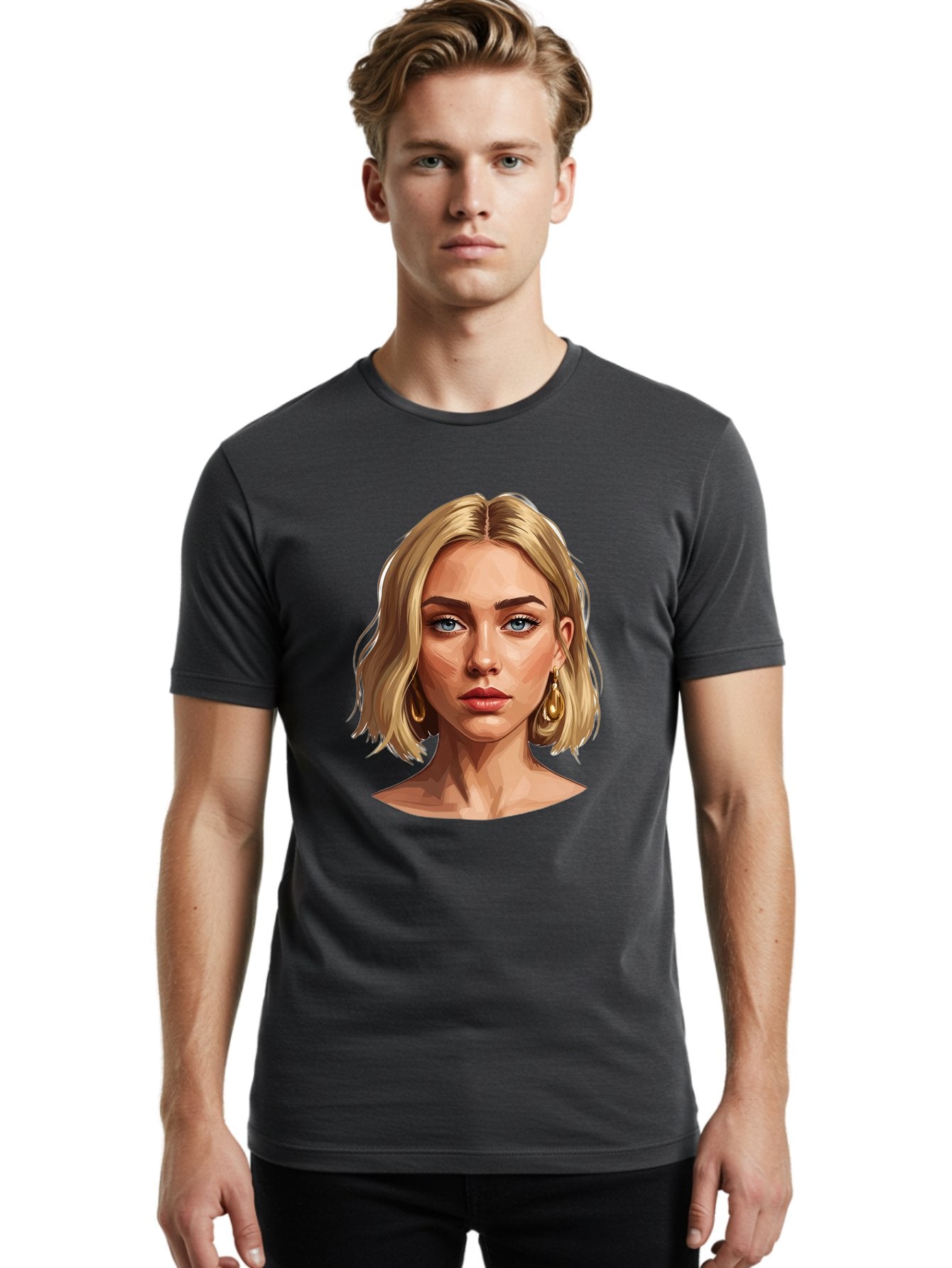 Blonde-Woman-Portrait-2 Men'S Graphic Tee, 100% Cotton, Comfortable Casual Summer Wear, Machine Washable, Blonde Woman, Blue Eyes, Gold Earrings, Digital Illustration, Portrait, Beauty, Fashion, Modern Style, Chic Look Bac639 21