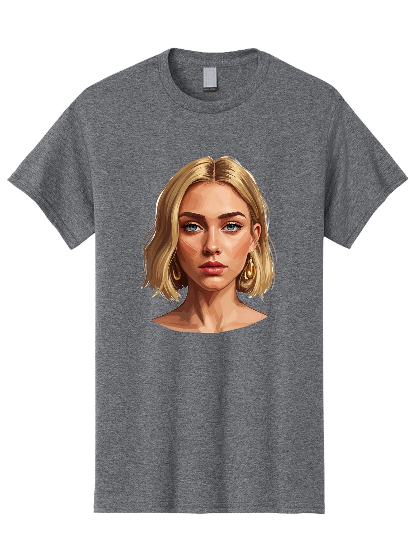 Blonde-Woman-Portrait-2 Men'S Graphic Tee, 100% Cotton, Comfortable Casual Summer Wear, Machine Washable, Blonde Woman, Blue Eyes, Gold Earrings, Digital Illustration, Portrait, Beauty, Fashion, Modern Style, Chic Look Bac639 11