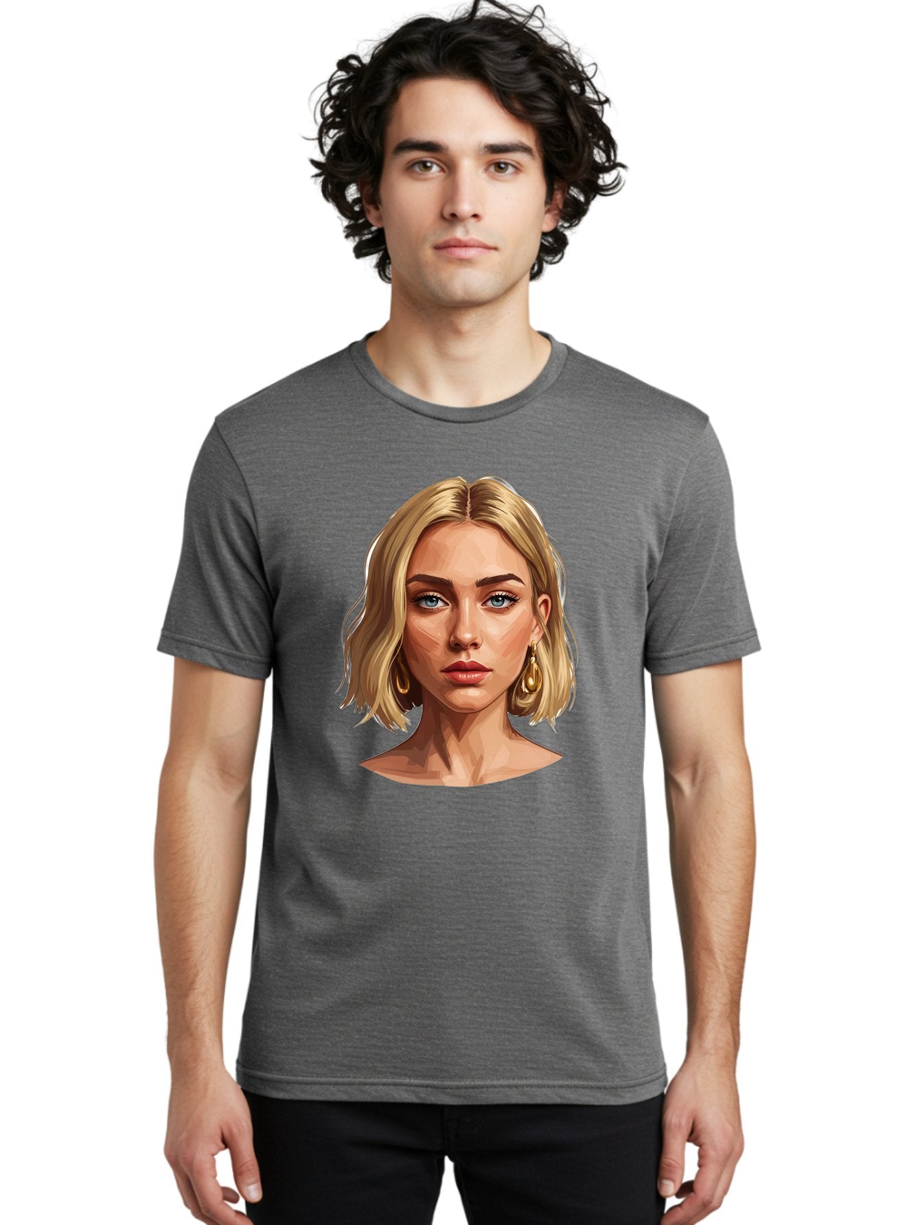 Blonde-Woman-Portrait-2 Men'S Graphic Tee, 100% Cotton, Comfortable Casual Summer Wear, Machine Washable, Blonde Woman, Blue Eyes, Gold Earrings, Digital Illustration, Portrait, Beauty, Fashion, Modern Style, Chic Look Bac639 27