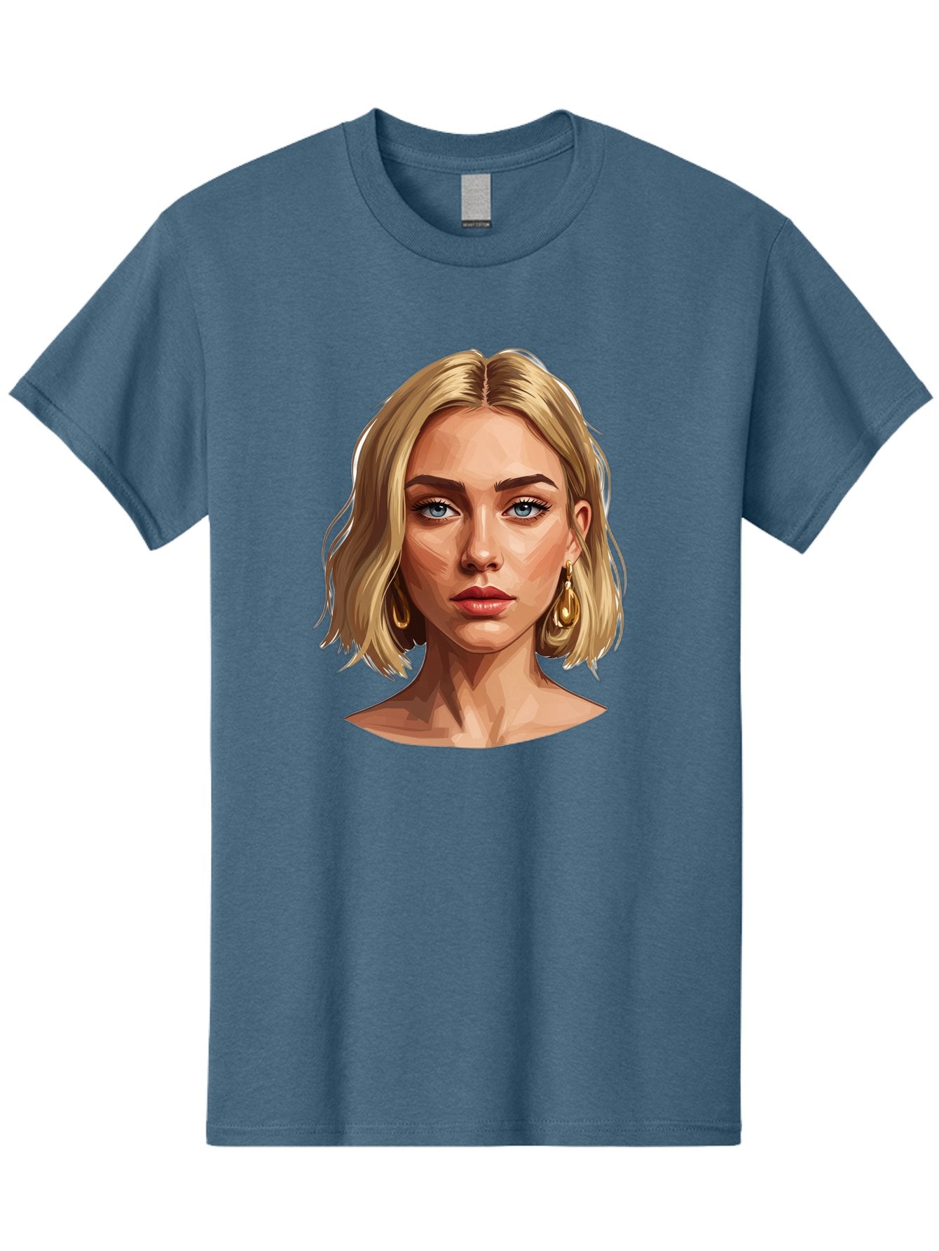 Blonde-Woman-Portrait-2 Men'S Graphic Tee, 100% Cotton, Comfortable Casual Summer Wear, Machine Washable, Blonde Woman, Blue Eyes, Gold Earrings, Digital Illustration, Portrait, Beauty, Fashion, Modern Style, Chic Look Bac639 10