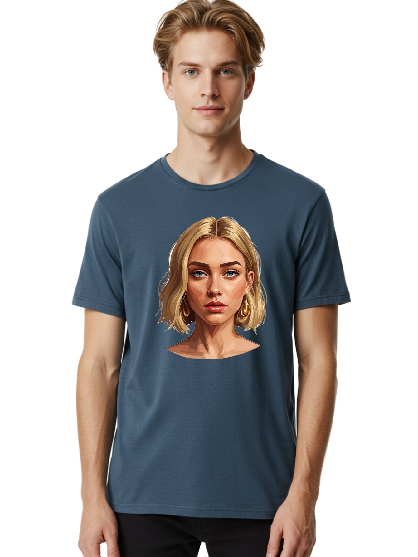Blonde-Woman-Portrait-2 Men'S Graphic Tee, 100% Cotton, Comfortable Casual Summer Wear, Machine Washable, Blonde Woman, Blue Eyes, Gold Earrings, Digital Illustration, Portrait, Beauty, Fashion, Modern Style, Chic Look Bac639 17