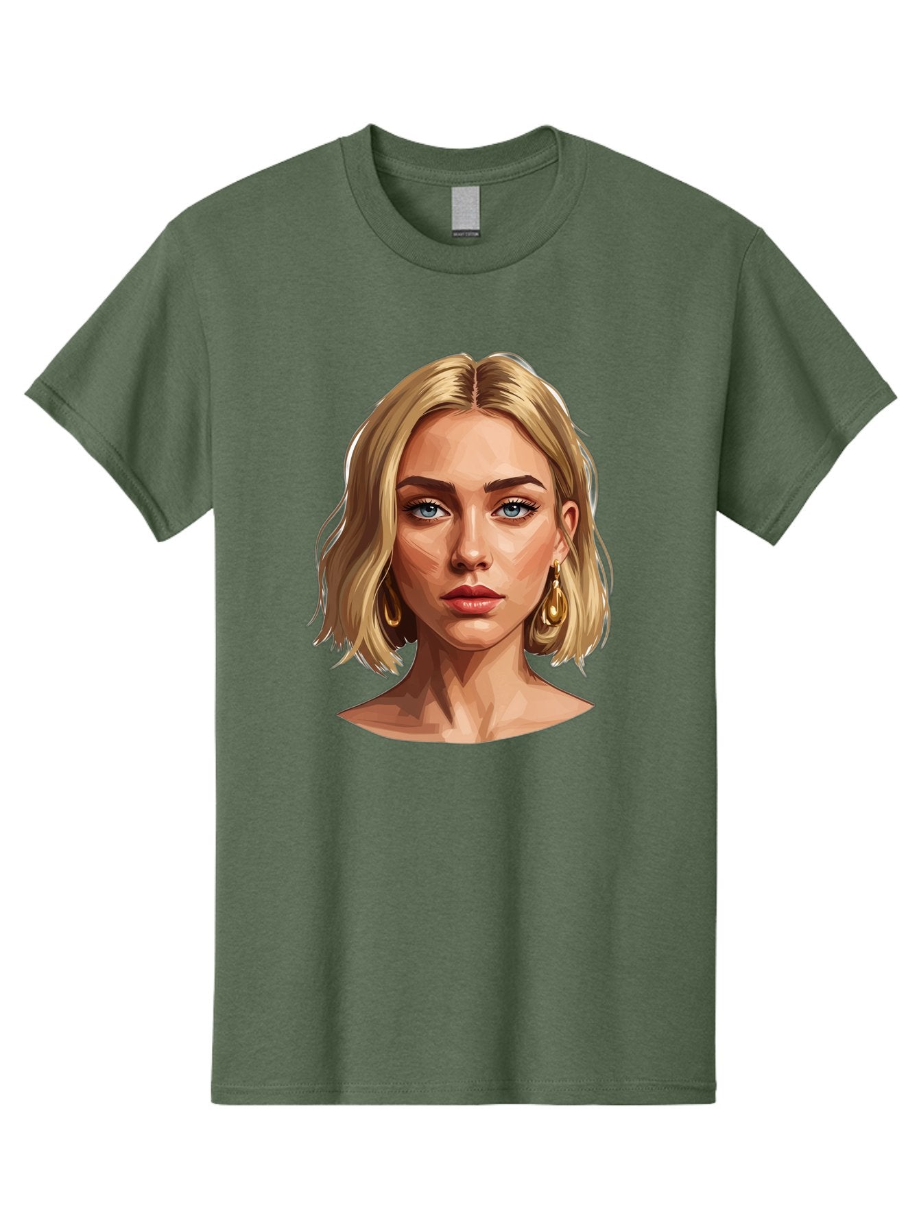 Blonde-Woman-Portrait-2 Men'S Graphic Tee, 100% Cotton, Comfortable Casual Summer Wear, Machine Washable, Blonde Woman, Blue Eyes, Gold Earrings, Digital Illustration, Portrait, Beauty, Fashion, Modern Style, Chic Look Bac639 5