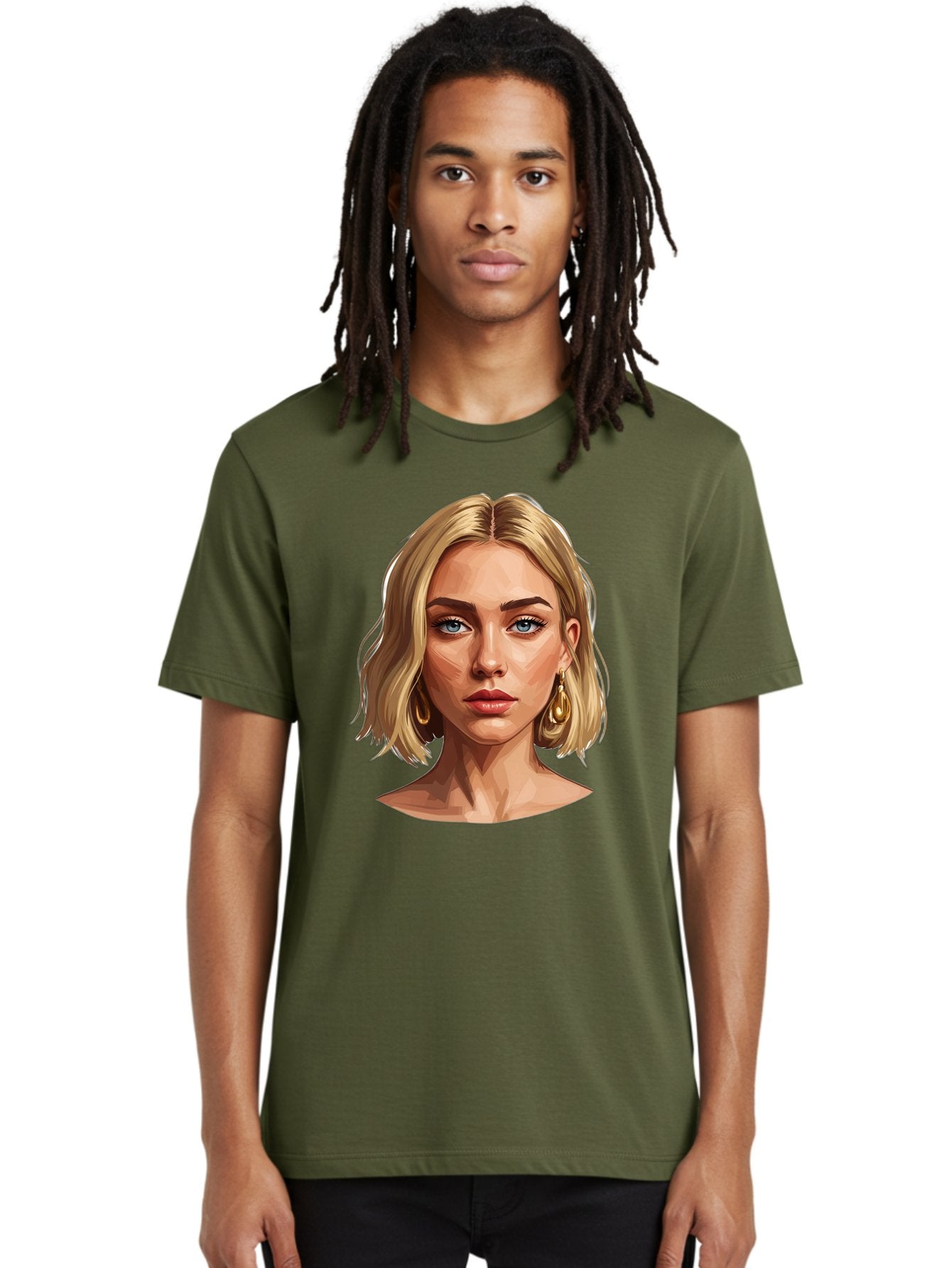 Blonde-Woman-Portrait-2 Men'S Graphic Tee, 100% Cotton, Comfortable Casual Summer Wear, Machine Washable, Blonde Woman, Blue Eyes, Gold Earrings, Digital Illustration, Portrait, Beauty, Fashion, Modern Style, Chic Look Bac639 23
