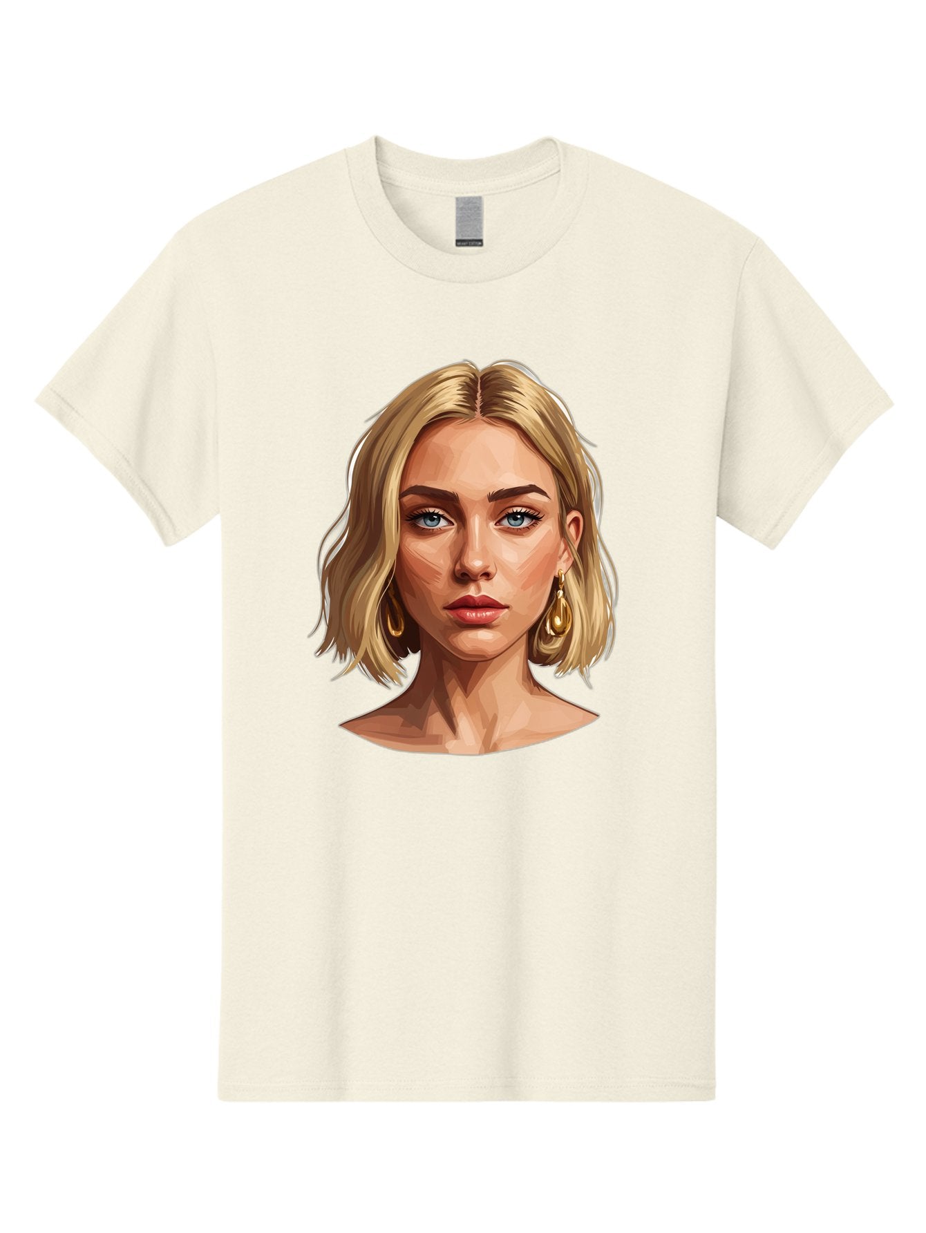 Blonde-Woman-Portrait-2 Men'S Graphic Tee, 100% Cotton, Comfortable Casual Summer Wear, Machine Washable, Blonde Woman, Blue Eyes, Gold Earrings, Digital Illustration, Portrait, Beauty, Fashion, Modern Style, Chic Look Bac639 6