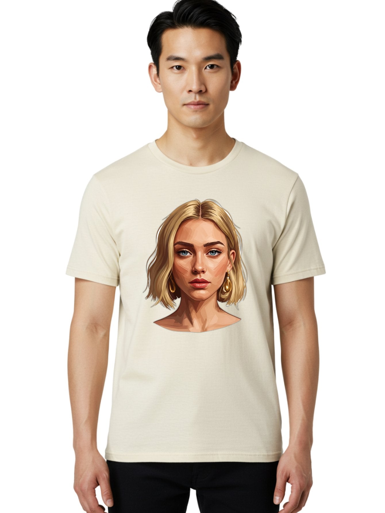 Blonde-Woman-Portrait-2 Men'S Graphic Tee, 100% Cotton, Comfortable Casual Summer Wear, Machine Washable, Blonde Woman, Blue Eyes, Gold Earrings, Digital Illustration, Portrait, Beauty, Fashion, Modern Style, Chic Look Bac639 24