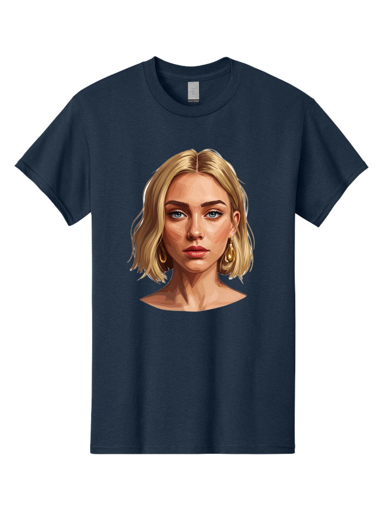 Blonde-Woman-Portrait-2 Men'S Graphic Tee, 100% Cotton, Comfortable Casual Summer Wear, Machine Washable, Blonde Woman, Blue Eyes, Gold Earrings, Digital Illustration, Portrait, Beauty, Fashion, Modern Style, Chic Look Bac639 3