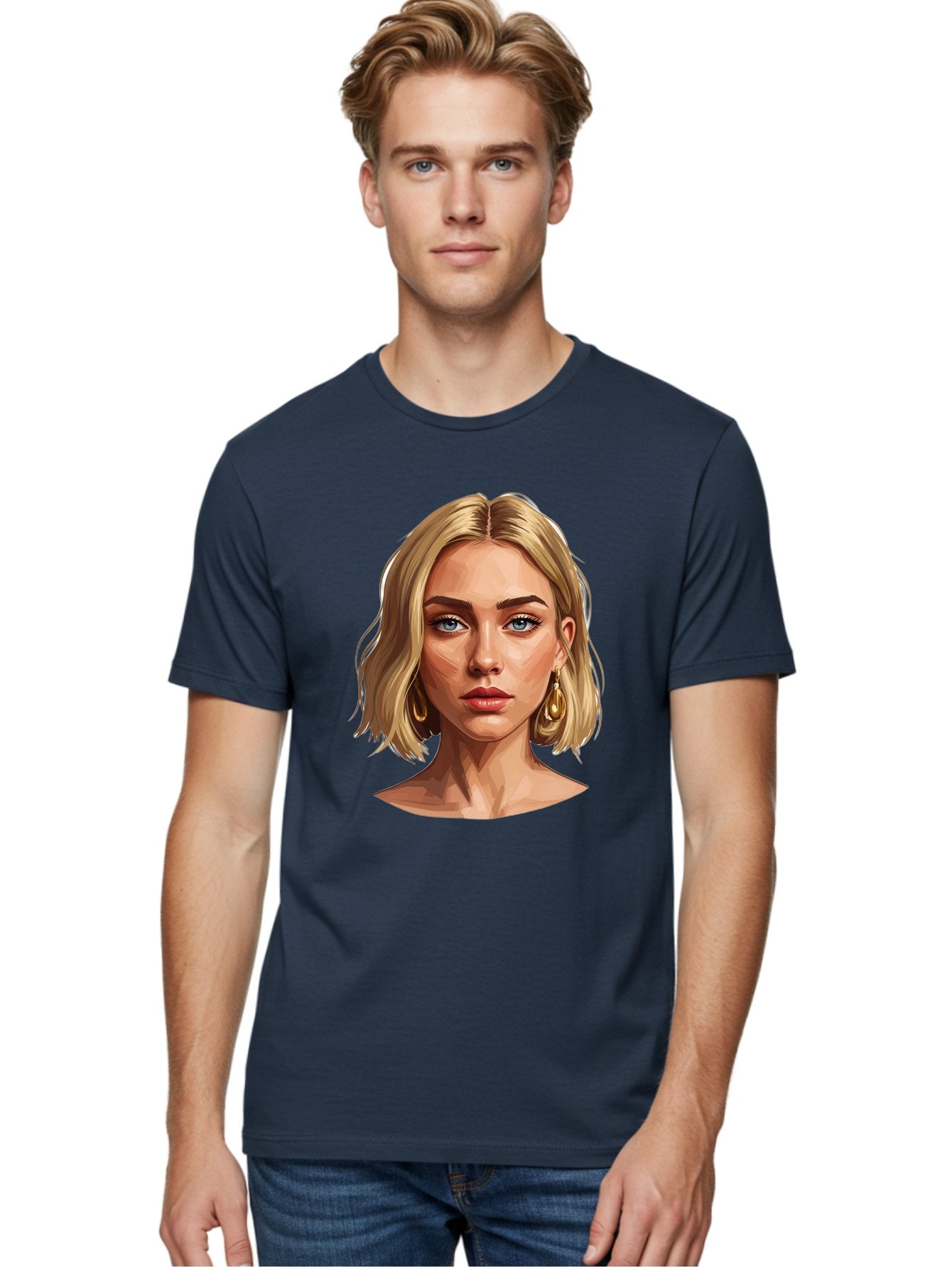Blonde-Woman-Portrait-2 Men'S Graphic Tee, 100% Cotton, Comfortable Casual Summer Wear, Machine Washable, Blonde Woman, Blue Eyes, Gold Earrings, Digital Illustration, Portrait, Beauty, Fashion, Modern Style, Chic Look Bac639 22