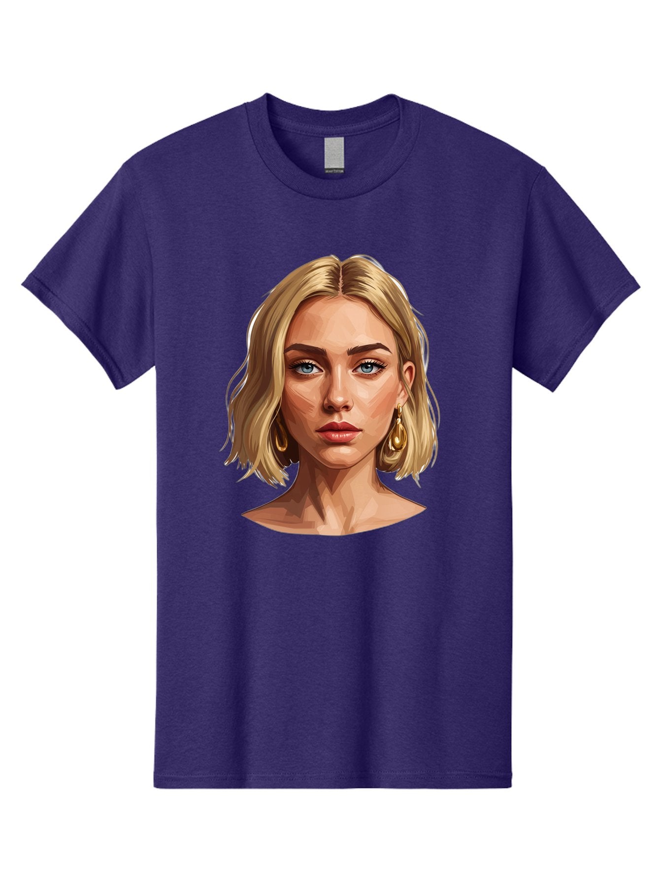 Blonde-Woman-Portrait-2 Men'S Graphic Tee, 100% Cotton, Comfortable Casual Summer Wear, Machine Washable, Blonde Woman, Blue Eyes, Gold Earrings, Digital Illustration, Portrait, Beauty, Fashion, Modern Style, Chic Look Bac639