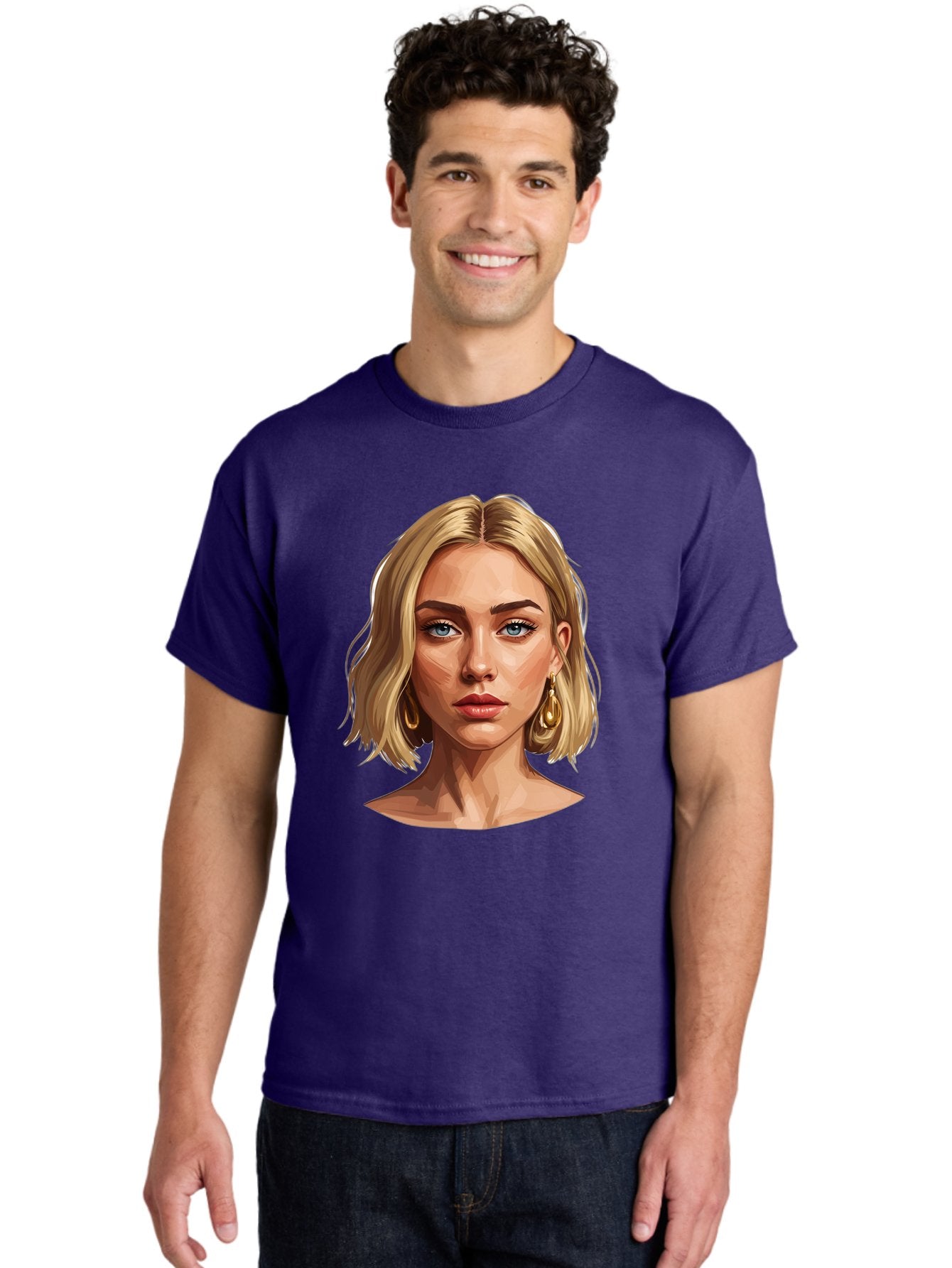 Blonde-Woman-Portrait-2 Men'S Graphic Tee, 100% Cotton, Comfortable Casual Summer Wear, Machine Washable, Blonde Woman, Blue Eyes, Gold Earrings, Digital Illustration, Portrait, Beauty, Fashion, Modern Style, Chic Look Bac639 19