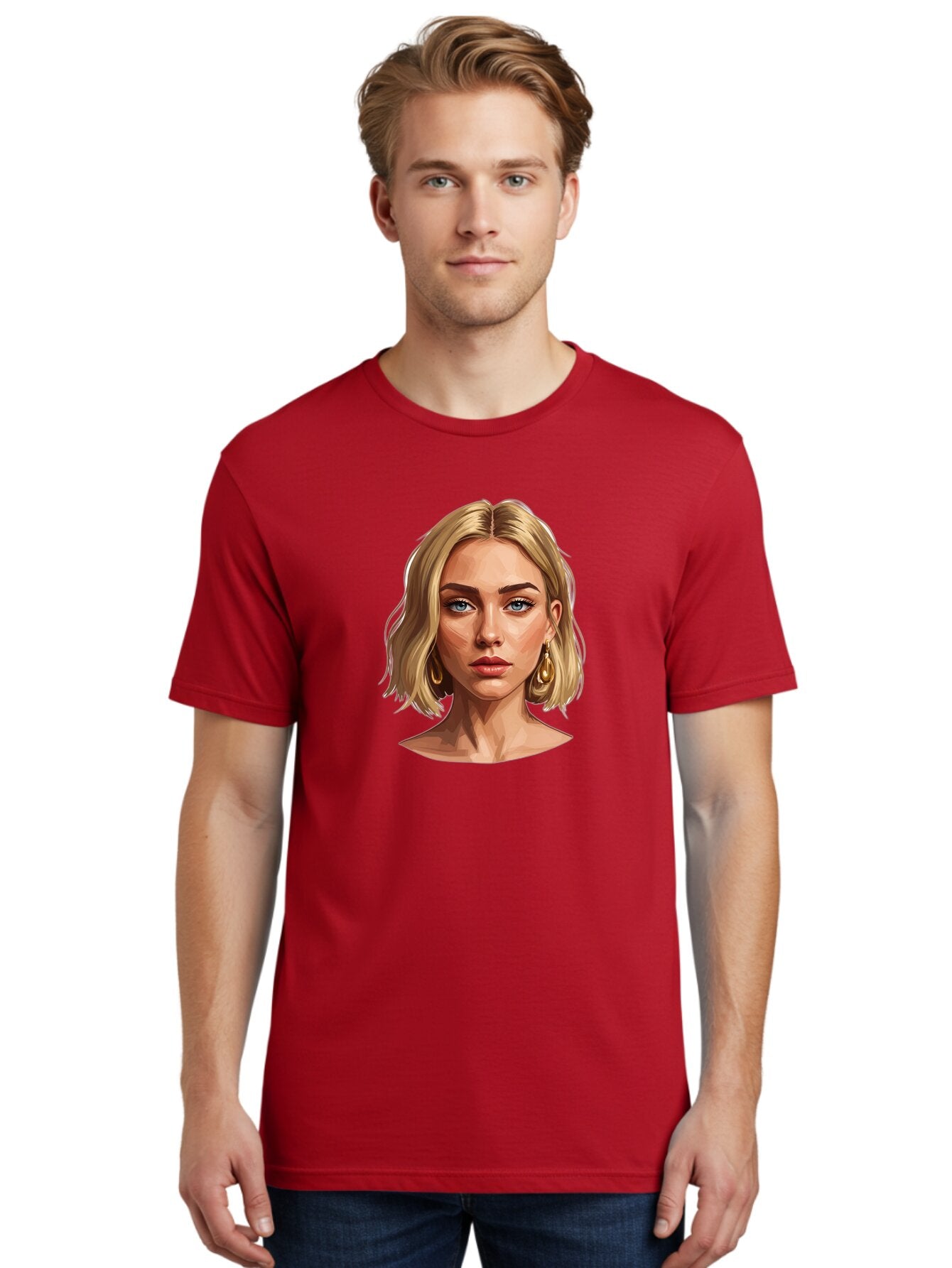 Blonde-Woman-Portrait-2 Men'S Graphic Tee, 100% Cotton, Comfortable Casual Summer Wear, Machine Washable, Blonde Woman, Blue Eyes, Gold Earrings, Digital Illustration, Portrait, Beauty, Fashion, Modern Style, Chic Look Bac639 30