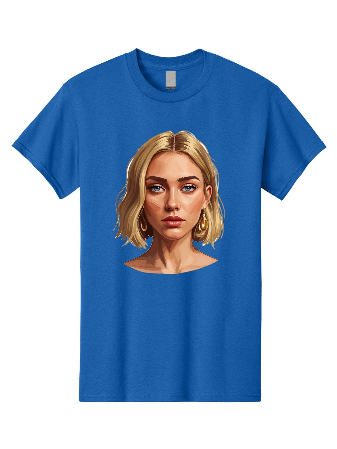 Blonde-Woman-Portrait-2 Men'S Graphic Tee, 100% Cotton, Comfortable Casual Summer Wear, Machine Washable, Blonde Woman, Blue Eyes, Gold Earrings, Digital Illustration, Portrait, Beauty, Fashion, Modern Style, Chic Look Bac639 4