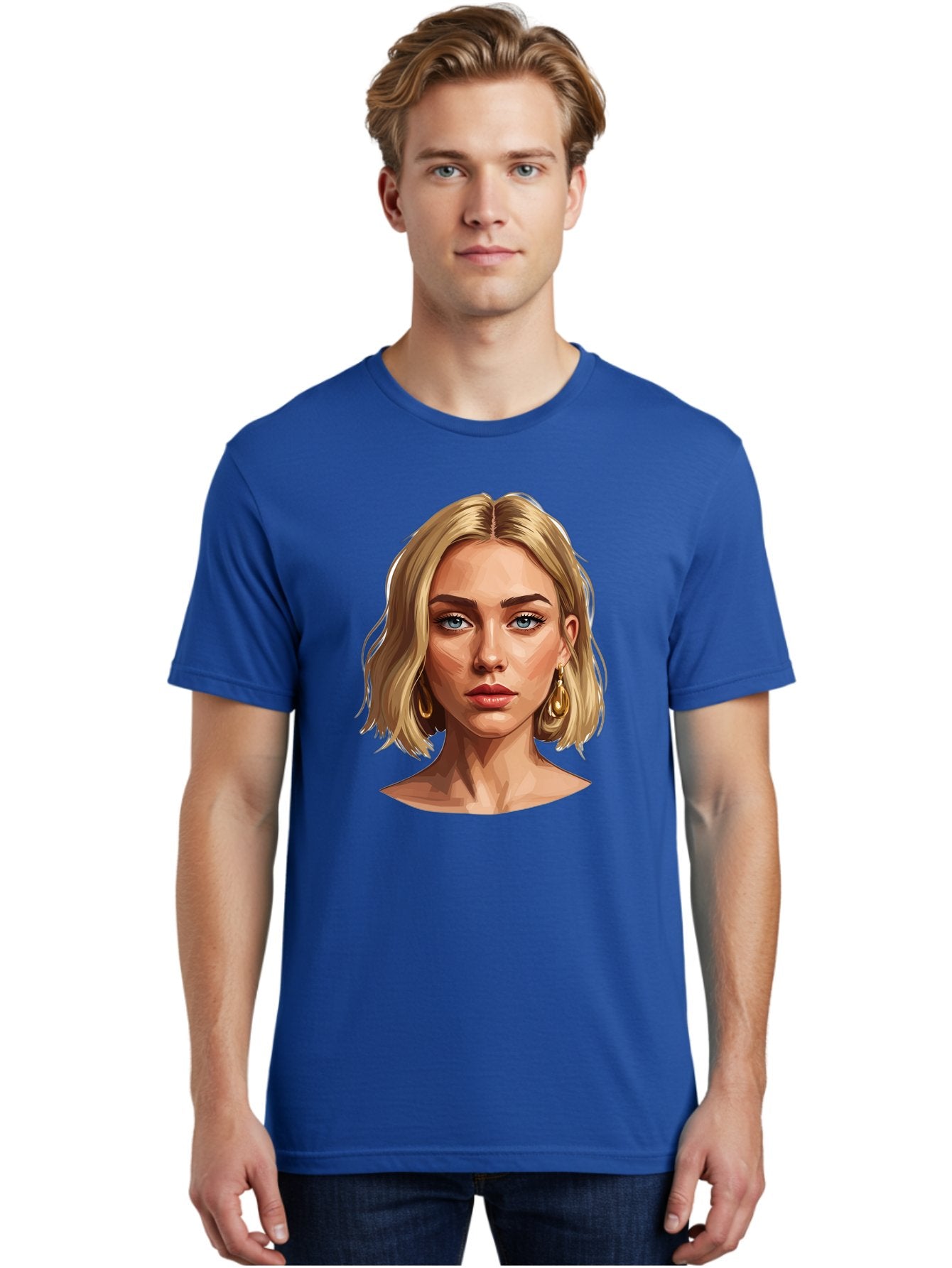 Blonde-Woman-Portrait-2 Men'S Graphic Tee, 100% Cotton, Comfortable Casual Summer Wear, Machine Washable, Blonde Woman, Blue Eyes, Gold Earrings, Digital Illustration, Portrait, Beauty, Fashion, Modern Style, Chic Look Bac639 18
