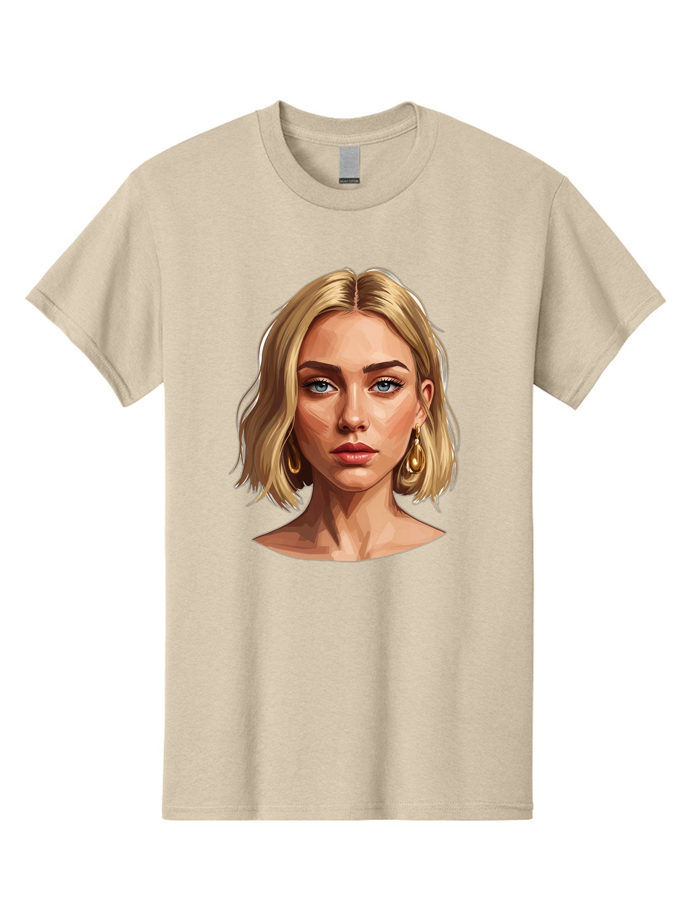 Blonde-Woman-Portrait-2 Men'S Graphic Tee, 100% Cotton, Comfortable Casual Summer Wear, Machine Washable, Blonde Woman, Blue Eyes, Gold Earrings, Digital Illustration, Portrait, Beauty, Fashion, Modern Style, Chic Look Bac639 7