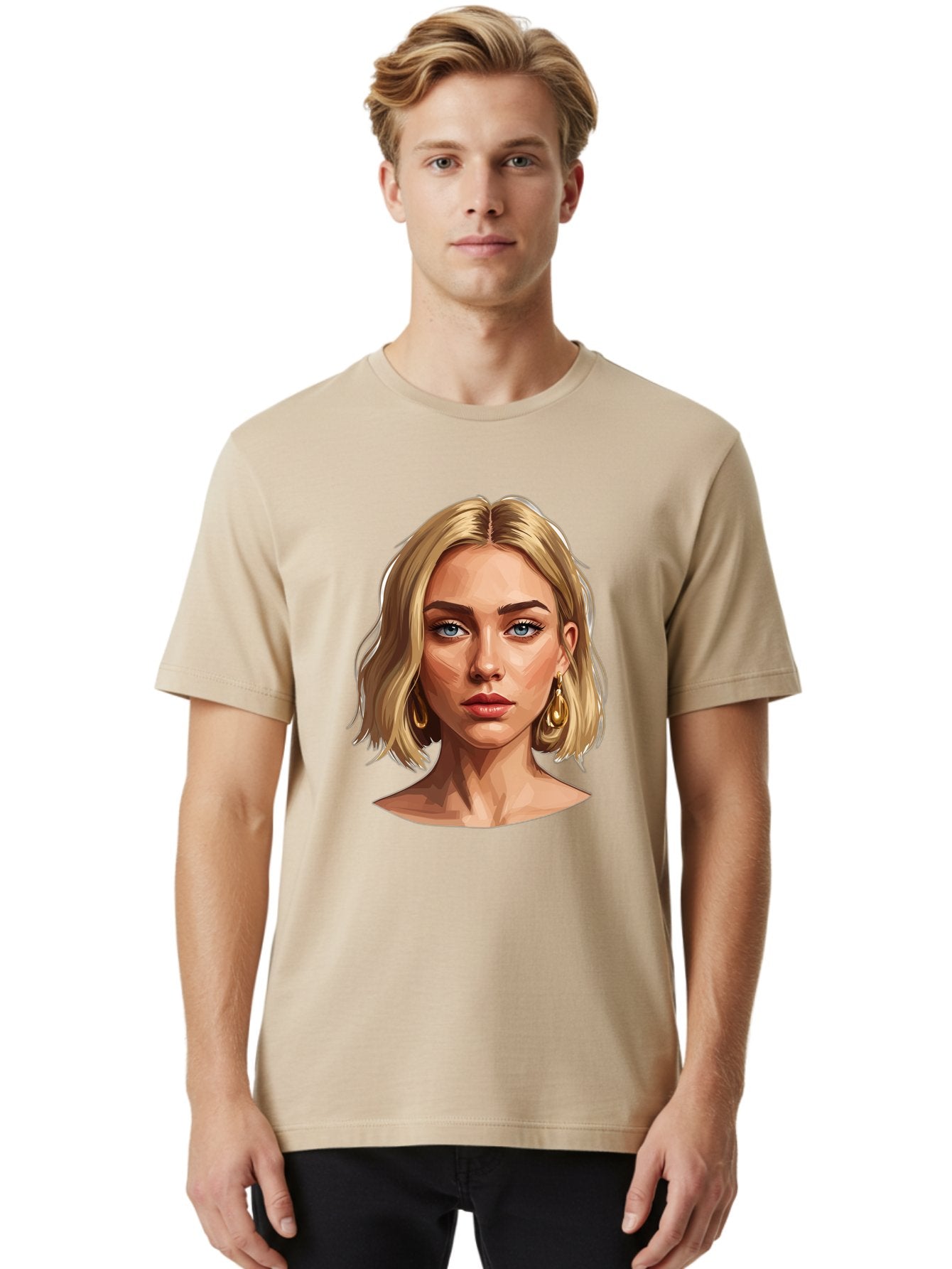Blonde-Woman-Portrait-2 Men'S Graphic Tee, 100% Cotton, Comfortable Casual Summer Wear, Machine Washable, Blonde Woman, Blue Eyes, Gold Earrings, Digital Illustration, Portrait, Beauty, Fashion, Modern Style, Chic Look Bac639 16