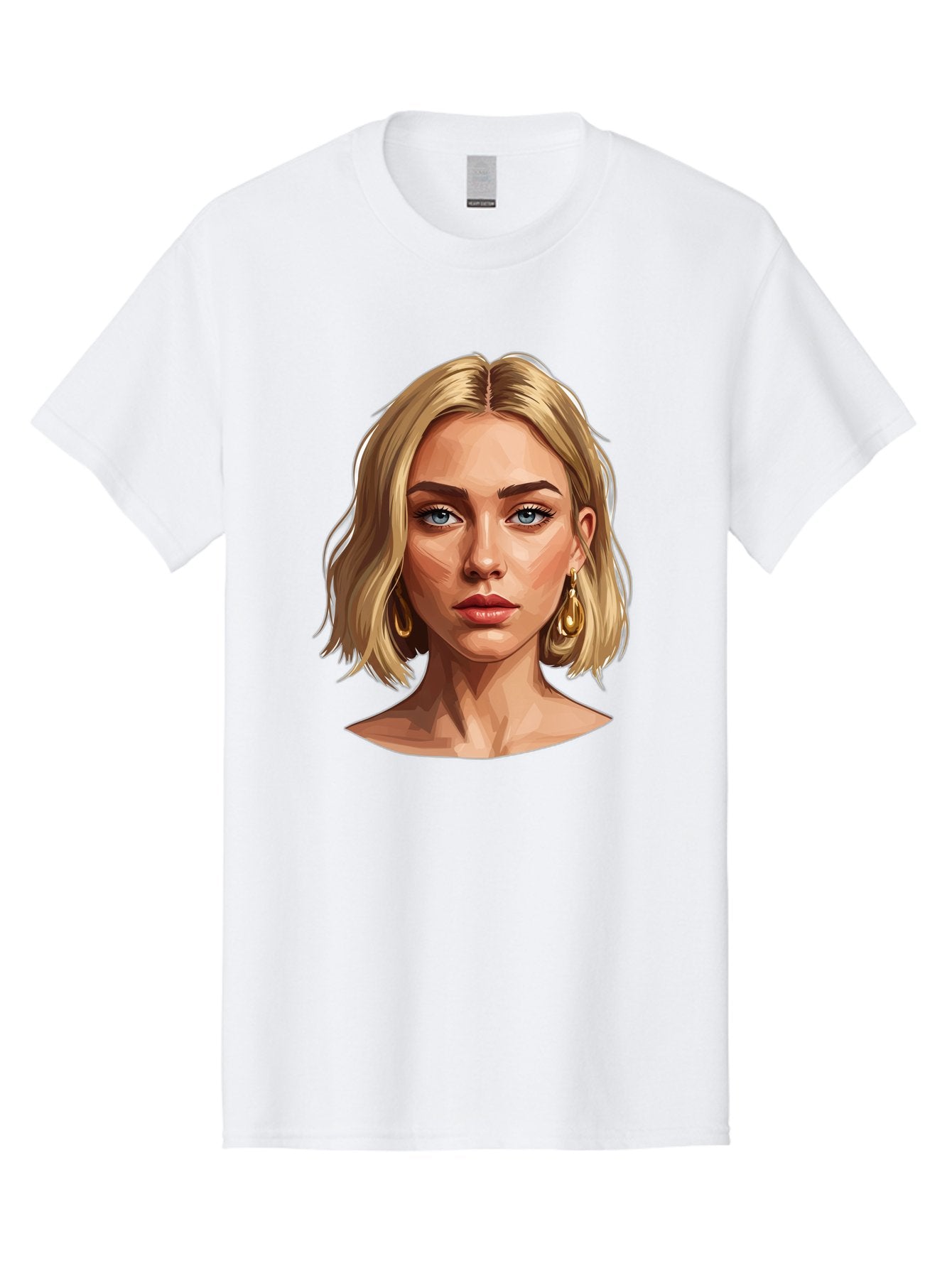 Blonde-Woman-Portrait-2 Men'S Graphic Tee, 100% Cotton, Comfortable Casual Summer Wear, Machine Washable, Blonde Woman, Blue Eyes, Gold Earrings, Digital Illustration, Portrait, Beauty, Fashion, Modern Style, Chic Look Bac639 12