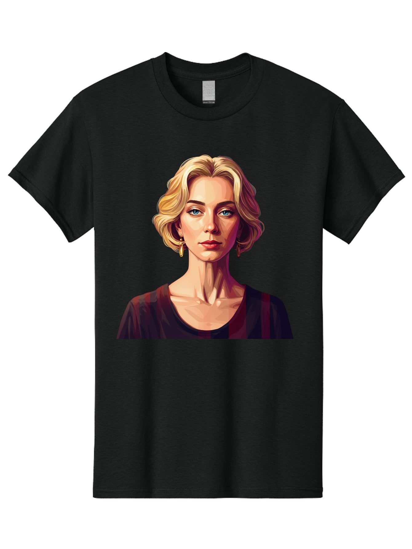 Blonde-Woman-Portrait Men'S Graphic Tee, 100% Cotton, Comfortable Casual Summer Wear, Machine Washable, Woman With Blonde Hair, Blue Eyes, Red Lips, Gold Earrings, Dark Red Top, Neck Wrinkles, Digital Art, Portrait, Fashion Illustration, Bac640 7