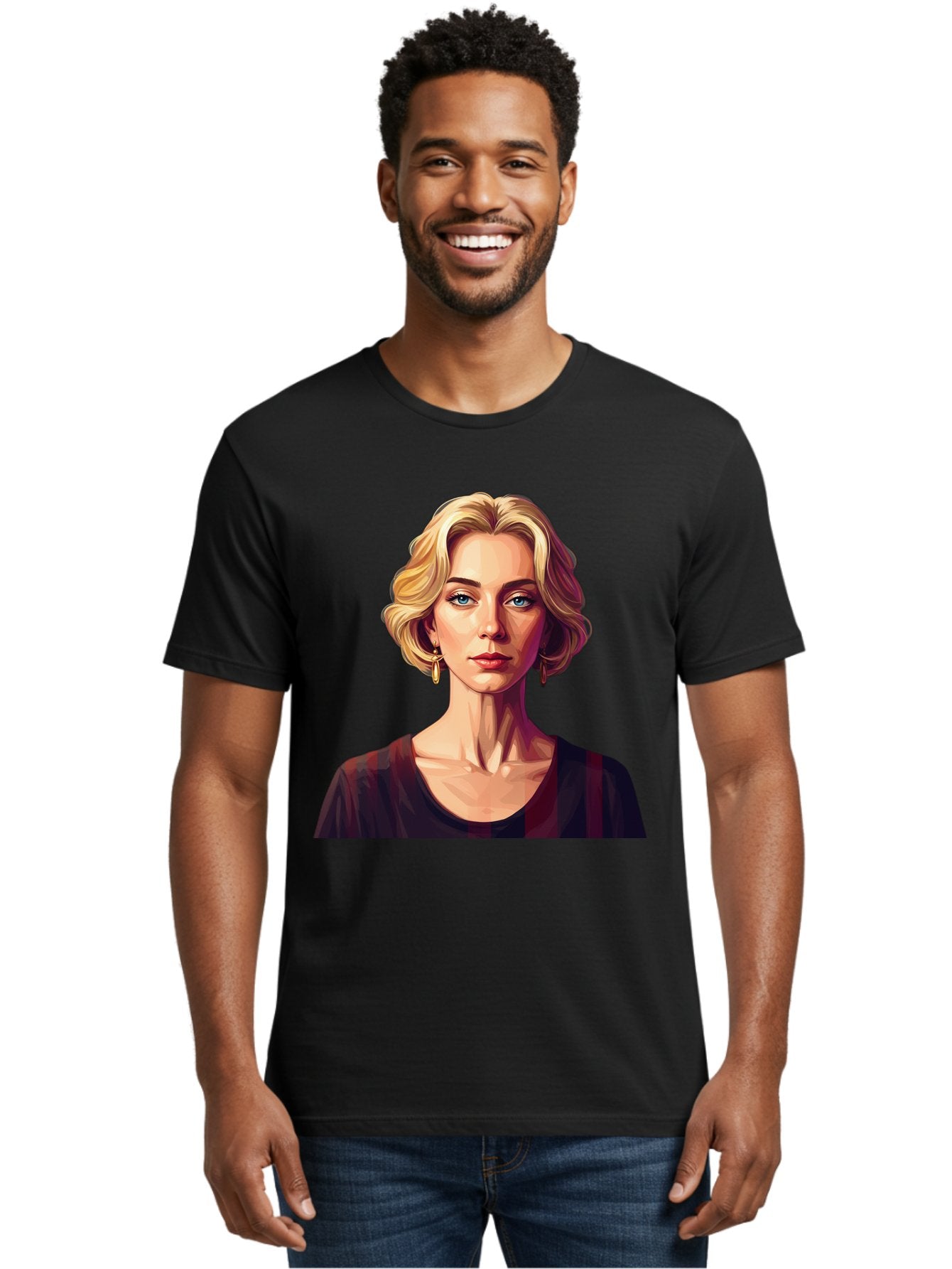 Blonde-Woman-Portrait Men'S Graphic Tee, 100% Cotton, Comfortable Casual Summer Wear, Machine Washable, Woman With Blonde Hair, Blue Eyes, Red Lips, Gold Earrings, Dark Red Top, Neck Wrinkles, Digital Art, Portrait, Fashion Illustration, Bac640 16