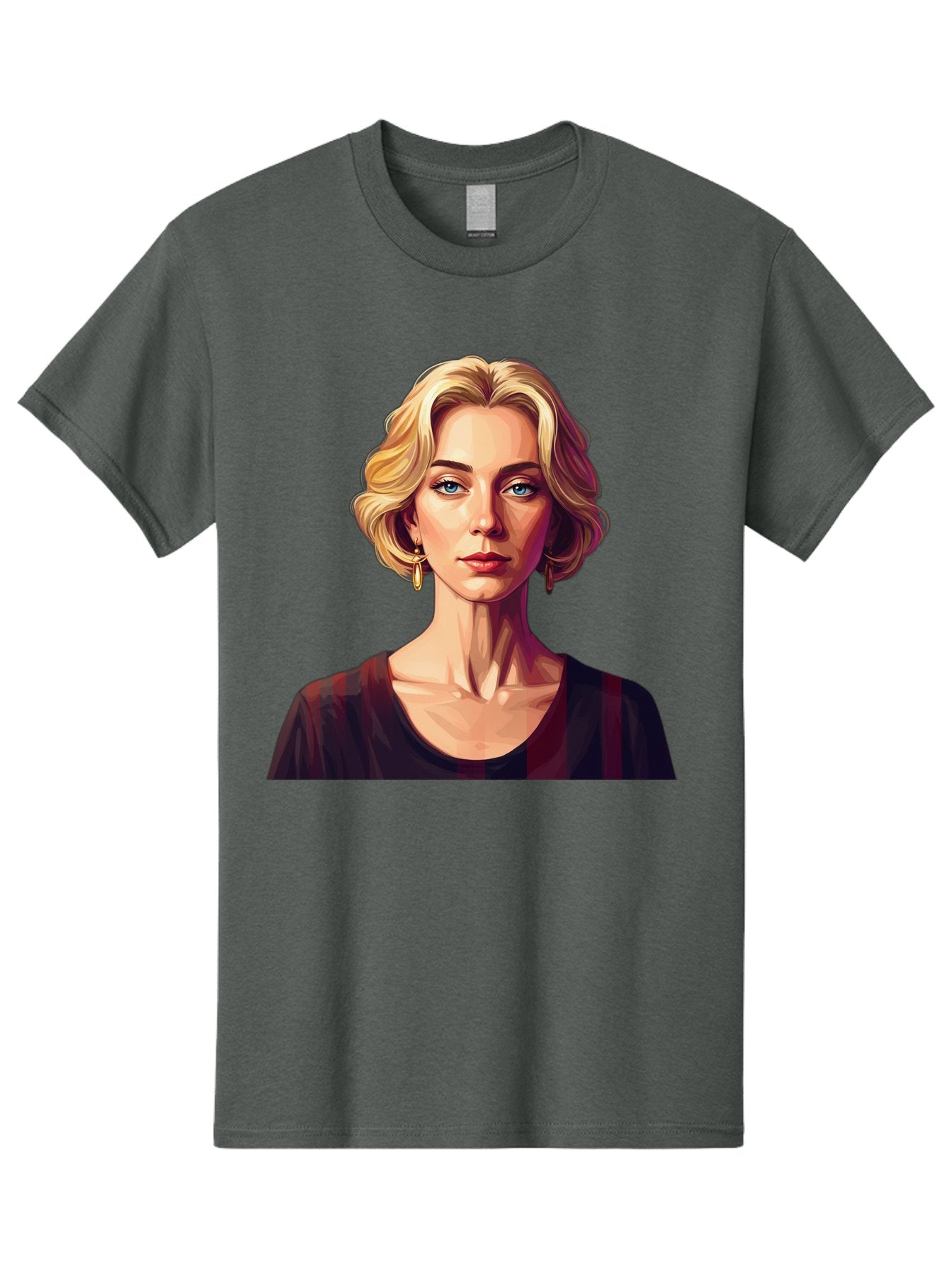 Blonde-Woman-Portrait Men'S Graphic Tee, 100% Cotton, Comfortable Casual Summer Wear, Machine Washable, Woman With Blonde Hair, Blue Eyes, Red Lips, Gold Earrings, Dark Red Top, Neck Wrinkles, Digital Art, Portrait, Fashion Illustration, Bac640 6