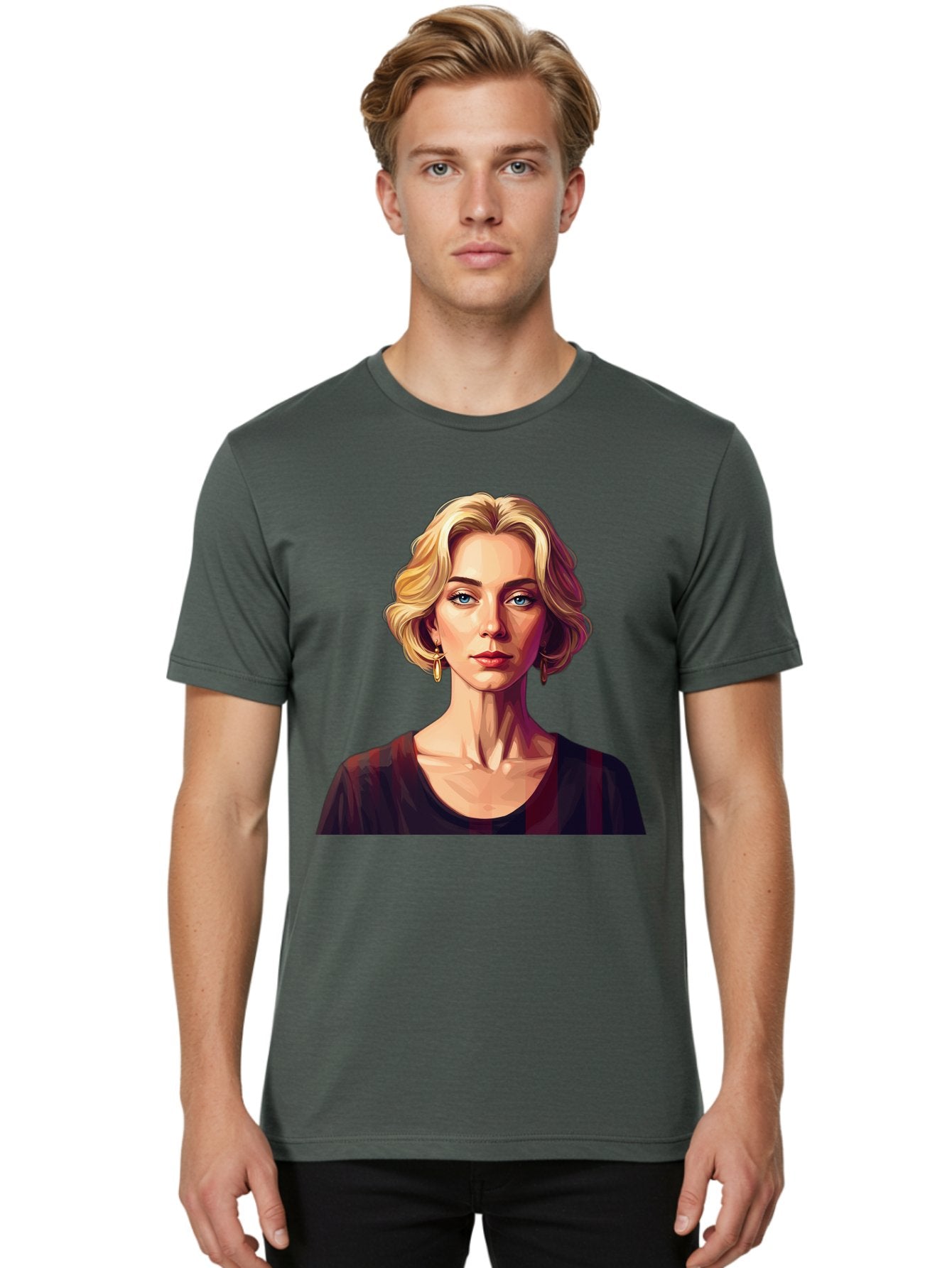 Blonde-Woman-Portrait Men'S Graphic Tee, 100% Cotton, Comfortable Casual Summer Wear, Machine Washable, Woman With Blonde Hair, Blue Eyes, Red Lips, Gold Earrings, Dark Red Top, Neck Wrinkles, Digital Art, Portrait, Fashion Illustration, Bac640 24