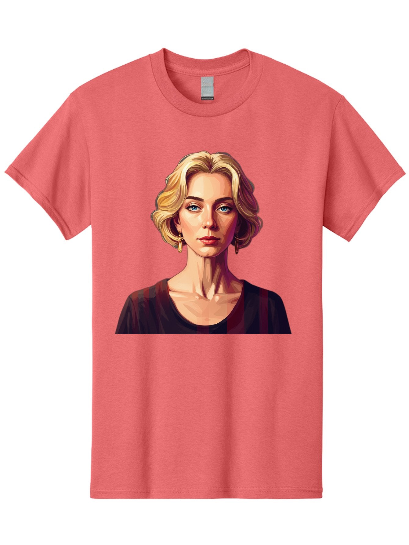Blonde-Woman-Portrait Men'S Graphic Tee, 100% Cotton, Comfortable Casual Summer Wear, Machine Washable, Woman With Blonde Hair, Blue Eyes, Red Lips, Gold Earrings, Dark Red Top, Neck Wrinkles, Digital Art, Portrait, Fashion Illustration, Bac640