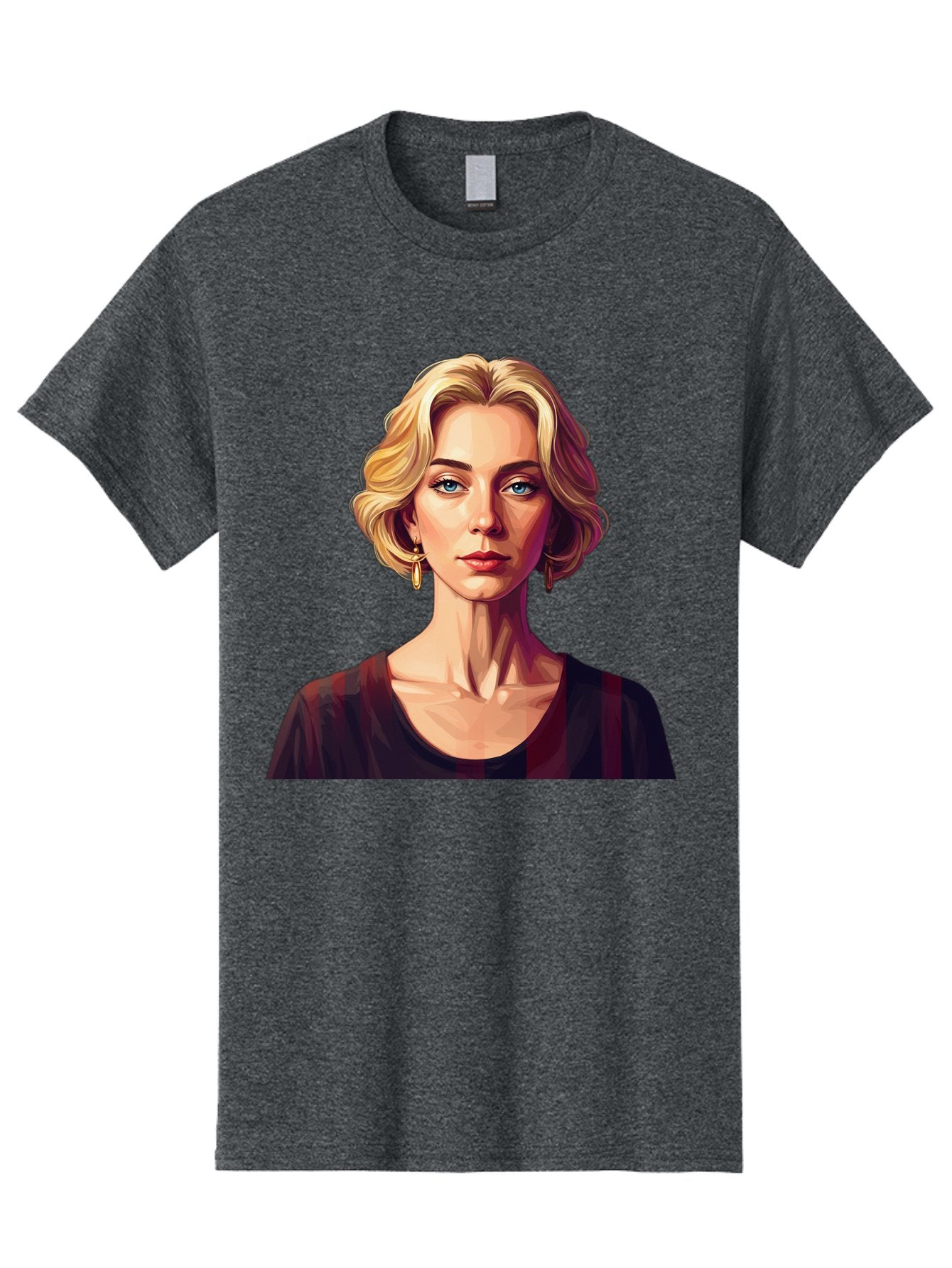 Blonde-Woman-Portrait Men'S Graphic Tee, 100% Cotton, Comfortable Casual Summer Wear, Machine Washable, Woman With Blonde Hair, Blue Eyes, Red Lips, Gold Earrings, Dark Red Top, Neck Wrinkles, Digital Art, Portrait, Fashion Illustration, Bac640 5