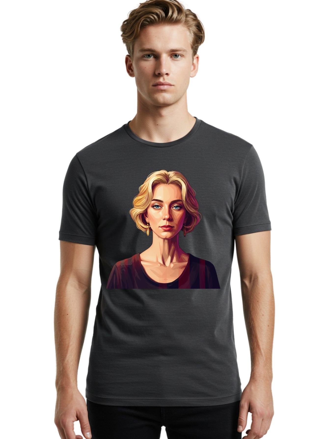 Blonde-Woman-Portrait Men'S Graphic Tee, 100% Cotton, Comfortable Casual Summer Wear, Machine Washable, Woman With Blonde Hair, Blue Eyes, Red Lips, Gold Earrings, Dark Red Top, Neck Wrinkles, Digital Art, Portrait, Fashion Illustration, Bac640 23