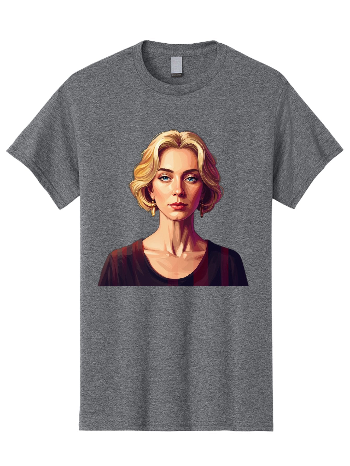 Blonde-Woman-Portrait Men'S Graphic Tee, 100% Cotton, Comfortable Casual Summer Wear, Machine Washable, Woman With Blonde Hair, Blue Eyes, Red Lips, Gold Earrings, Dark Red Top, Neck Wrinkles, Digital Art, Portrait, Fashion Illustration, Bac640 10