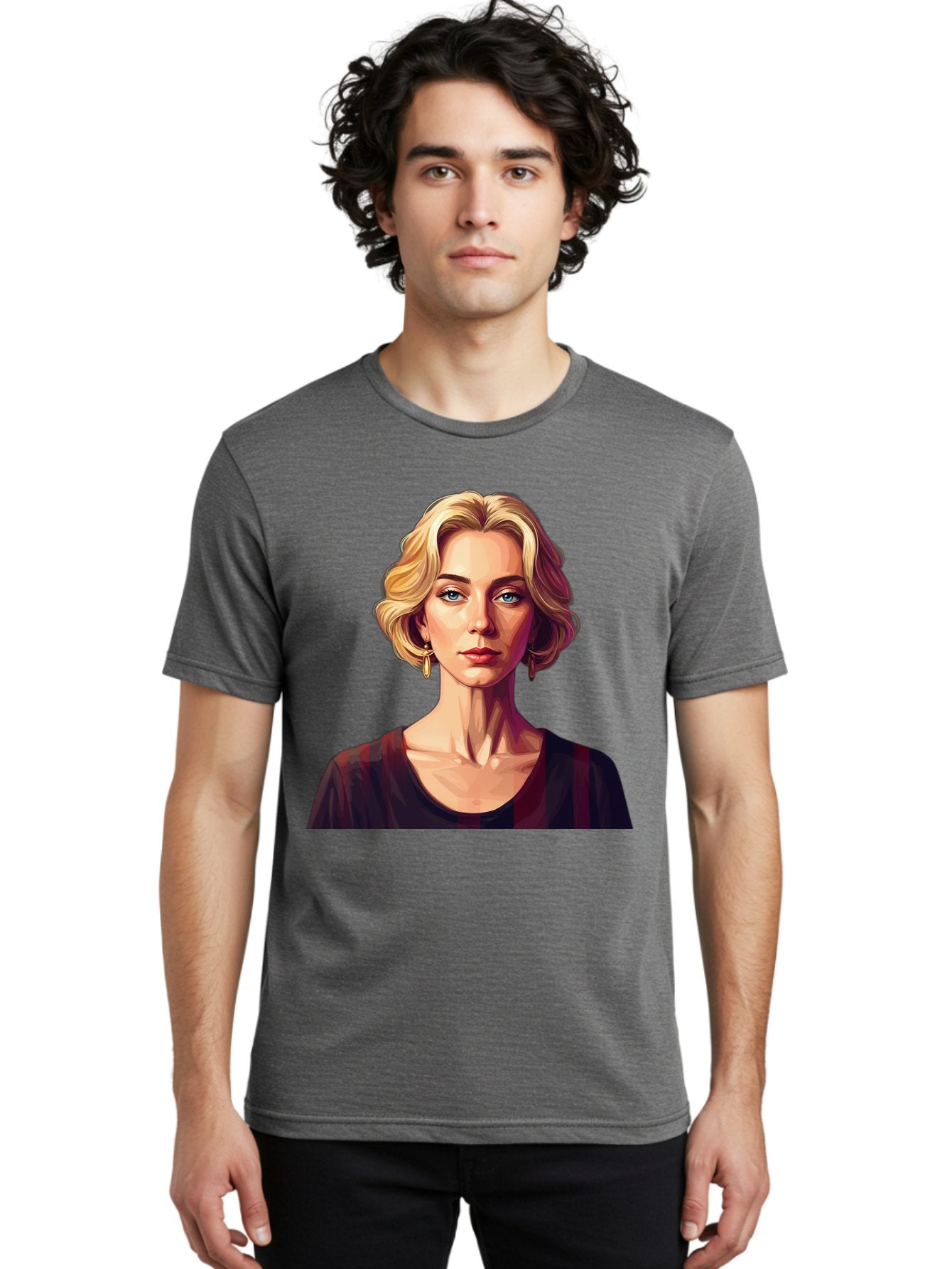 Blonde-Woman-Portrait Men'S Graphic Tee, 100% Cotton, Comfortable Casual Summer Wear, Machine Washable, Woman With Blonde Hair, Blue Eyes, Red Lips, Gold Earrings, Dark Red Top, Neck Wrinkles, Digital Art, Portrait, Fashion Illustration, Bac640 17