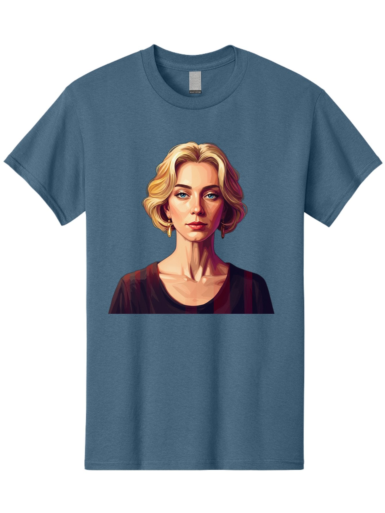 Blonde-Woman-Portrait Men'S Graphic Tee, 100% Cotton, Comfortable Casual Summer Wear, Machine Washable, Woman With Blonde Hair, Blue Eyes, Red Lips, Gold Earrings, Dark Red Top, Neck Wrinkles, Digital Art, Portrait, Fashion Illustration, Bac640 8