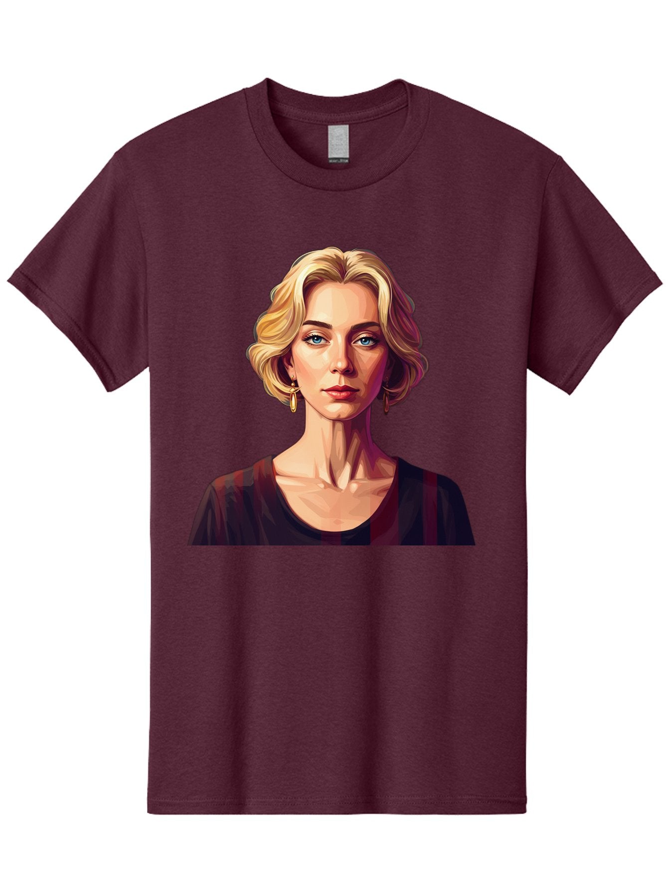 Blonde-Woman-Portrait Men'S Graphic Tee, 100% Cotton, Comfortable Casual Summer Wear, Machine Washable, Woman With Blonde Hair, Blue Eyes, Red Lips, Gold Earrings, Dark Red Top, Neck Wrinkles, Digital Art, Portrait, Fashion Illustration, Bac640 3