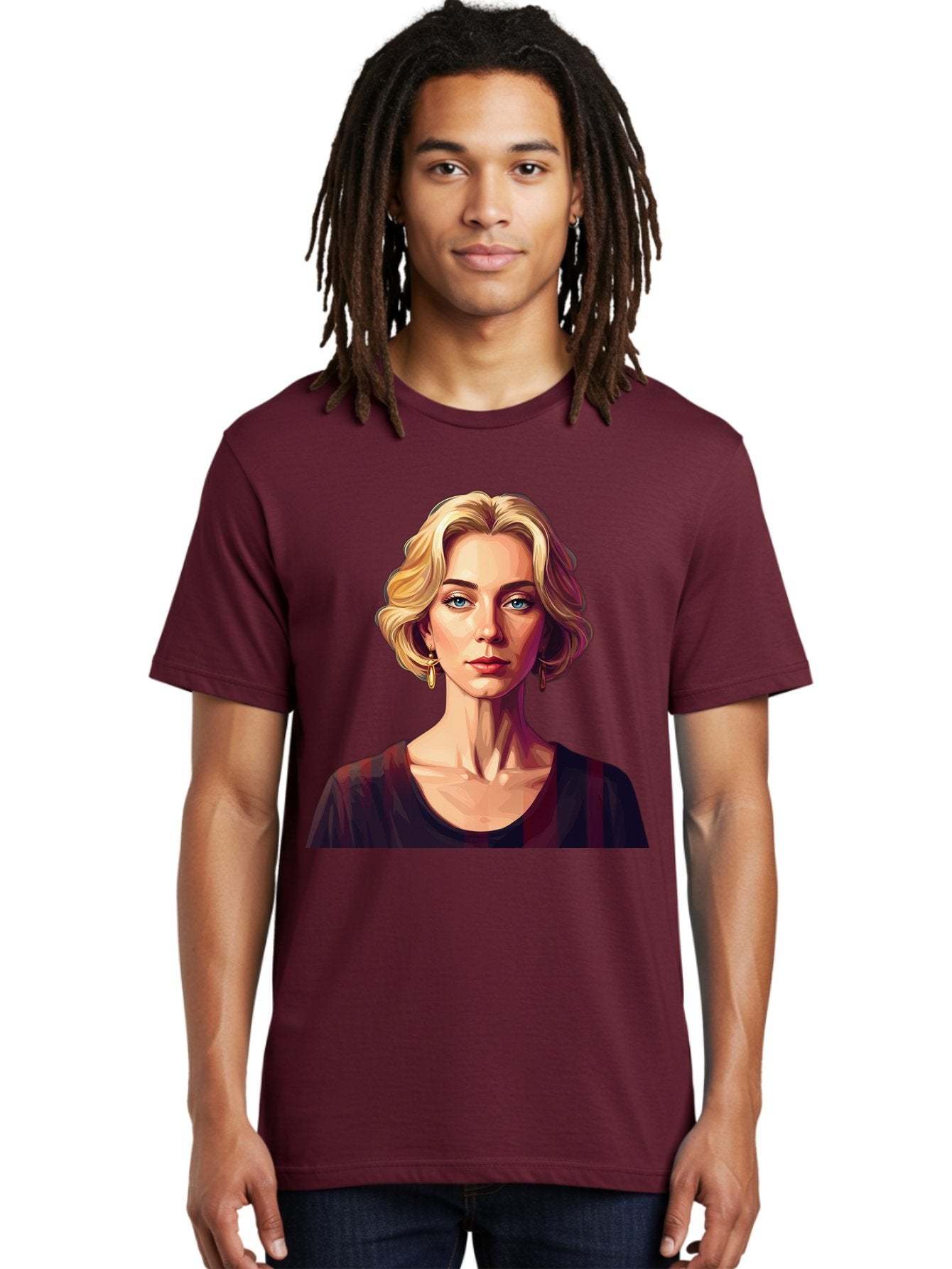 Blonde-Woman-Portrait Men'S Graphic Tee, 100% Cotton, Comfortable Casual Summer Wear, Machine Washable, Woman With Blonde Hair, Blue Eyes, Red Lips, Gold Earrings, Dark Red Top, Neck Wrinkles, Digital Art, Portrait, Fashion Illustration, Bac640 22