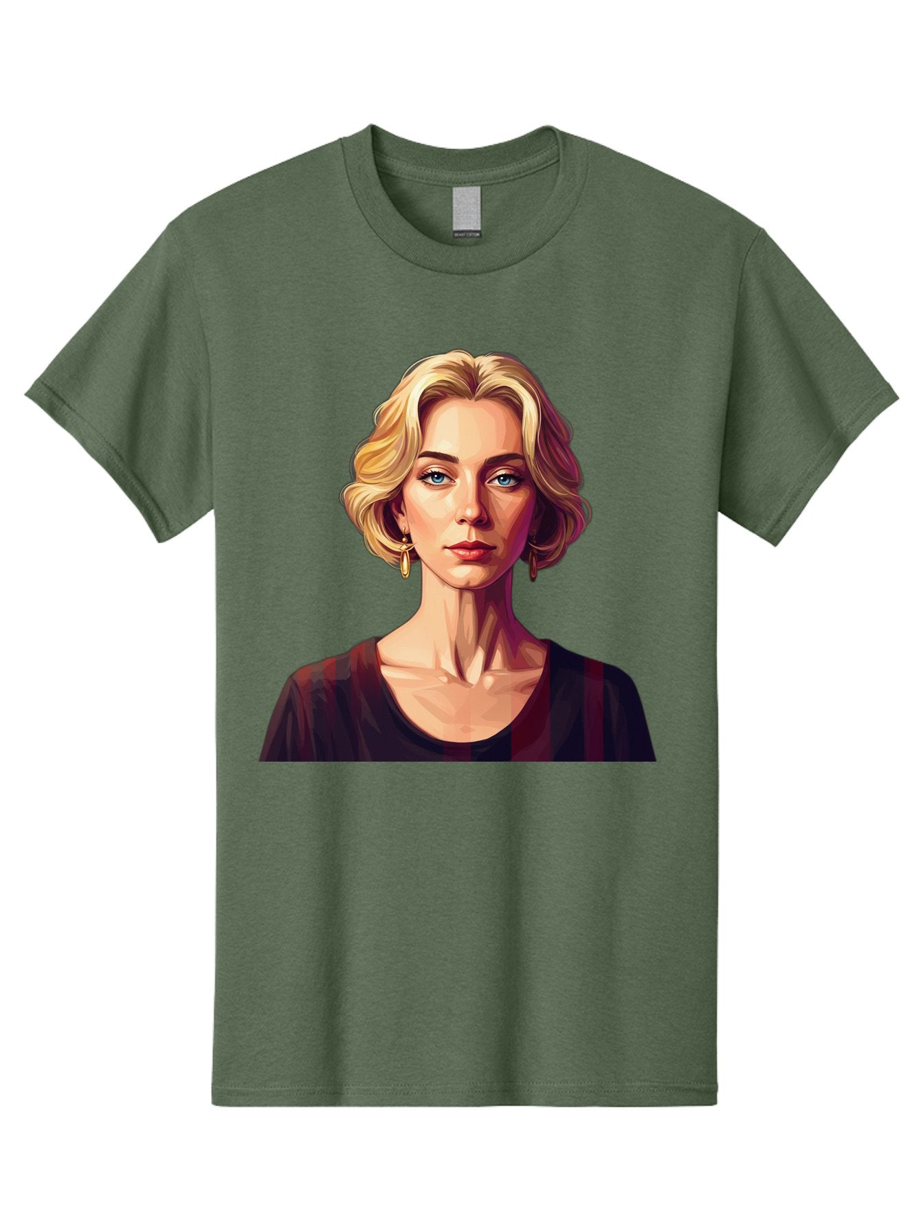 Blonde-Woman-Portrait Men'S Graphic Tee, 100% Cotton, Comfortable Casual Summer Wear, Machine Washable, Woman With Blonde Hair, Blue Eyes, Red Lips, Gold Earrings, Dark Red Top, Neck Wrinkles, Digital Art, Portrait, Fashion Illustration, Bac640 13