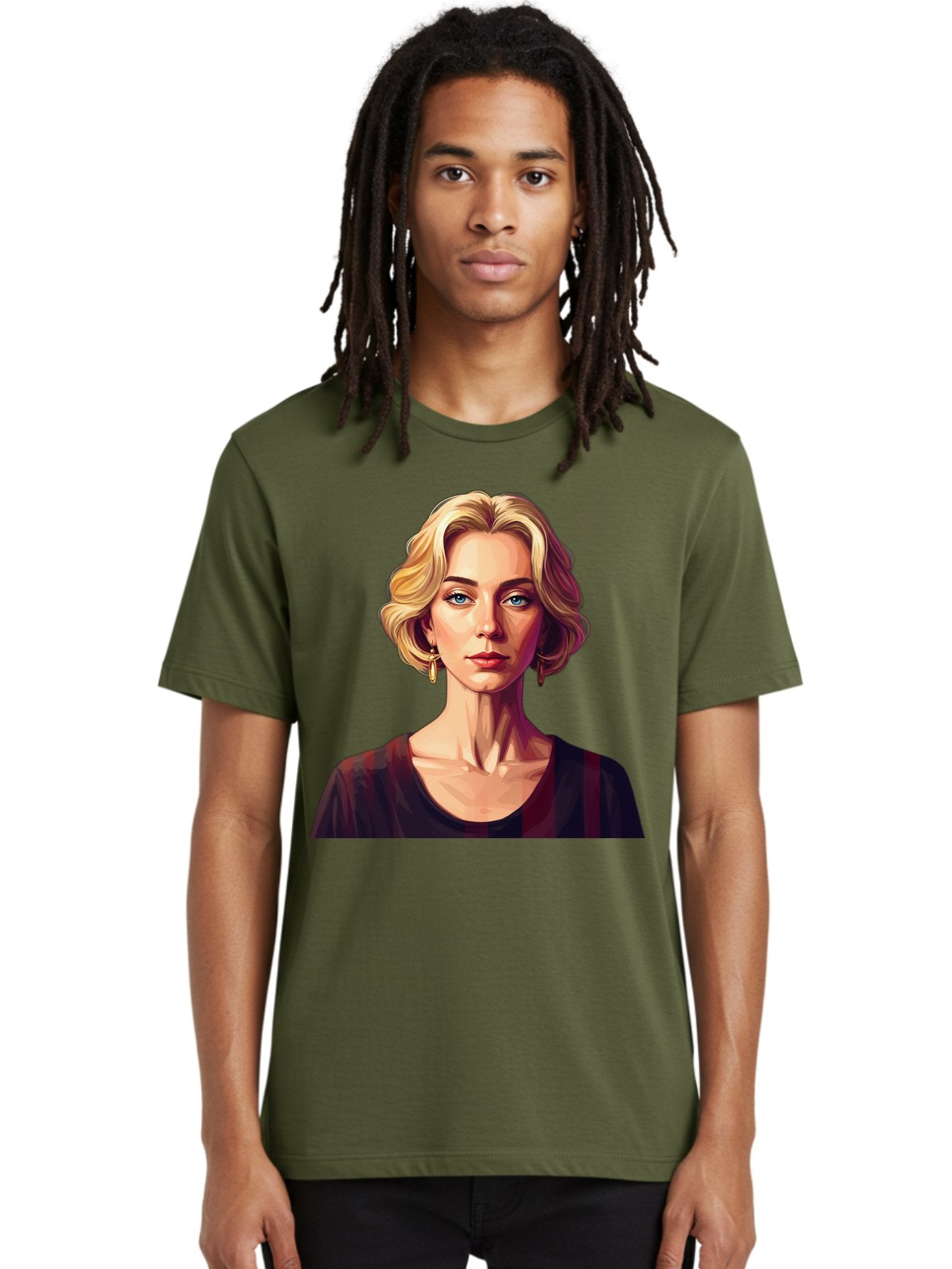 Blonde-Woman-Portrait Men'S Graphic Tee, 100% Cotton, Comfortable Casual Summer Wear, Machine Washable, Woman With Blonde Hair, Blue Eyes, Red Lips, Gold Earrings, Dark Red Top, Neck Wrinkles, Digital Art, Portrait, Fashion Illustration, Bac640 20