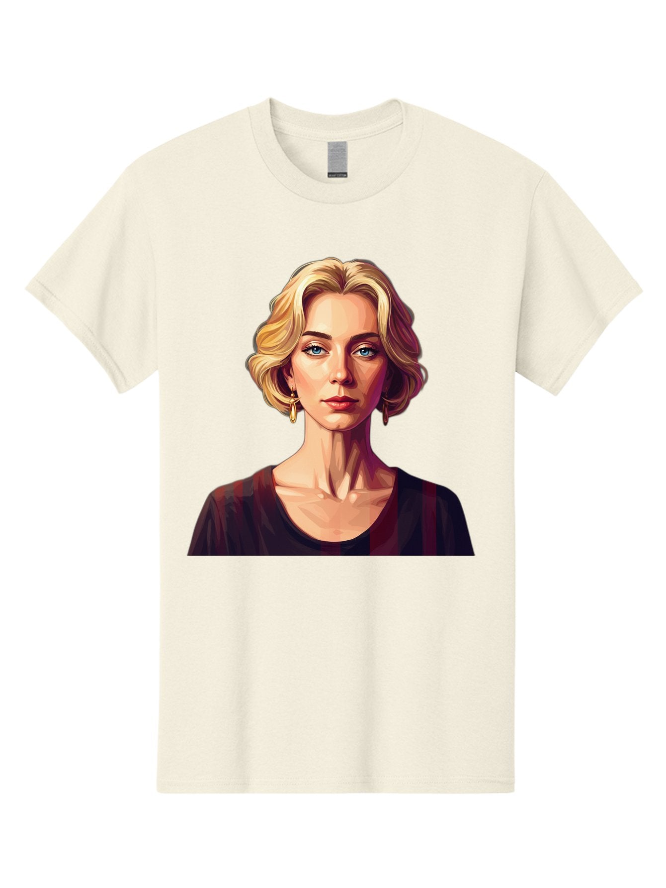Blonde-Woman-Portrait Men'S Graphic Tee, 100% Cotton, Comfortable Casual Summer Wear, Machine Washable, Woman With Blonde Hair, Blue Eyes, Red Lips, Gold Earrings, Dark Red Top, Neck Wrinkles, Digital Art, Portrait, Fashion Illustration, Bac640 11