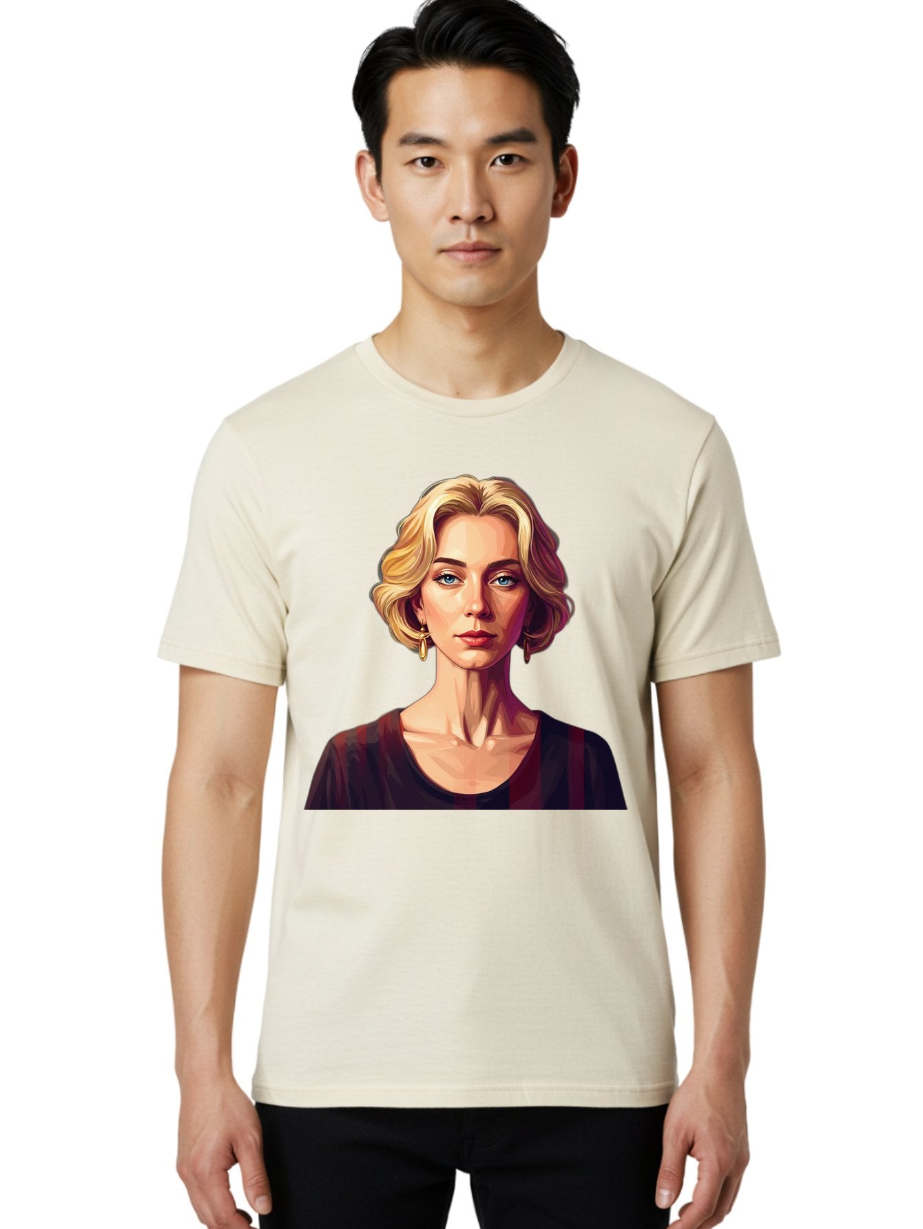 Blonde-Woman-Portrait Men'S Graphic Tee, 100% Cotton, Comfortable Casual Summer Wear, Machine Washable, Woman With Blonde Hair, Blue Eyes, Red Lips, Gold Earrings, Dark Red Top, Neck Wrinkles, Digital Art, Portrait, Fashion Illustration, Bac640 27